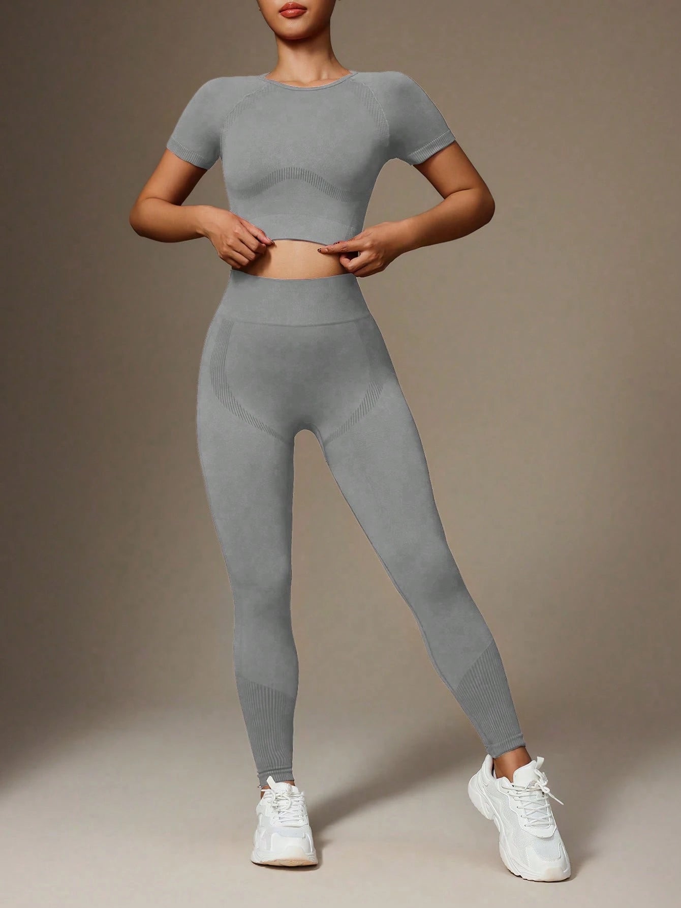 Solid Color Crew Neck Short Sleeve Top And Stretchy Seamless Long Pants Light Grey