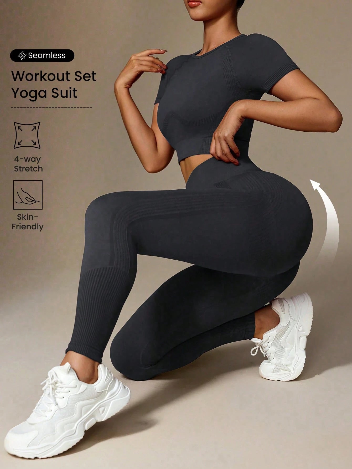 Solid Color Crew Neck Short Sleeve Top And Stretchy Seamless Long Pants Dark Grey