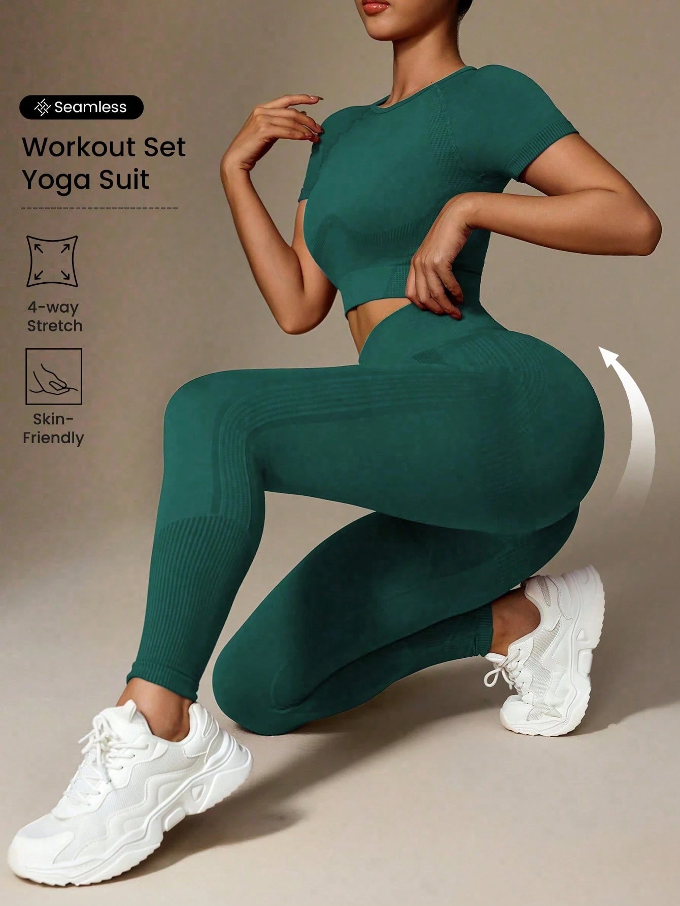 Solid Color Crew Neck Short Sleeve Top And Stretchy Seamless Long Pants Dark Green