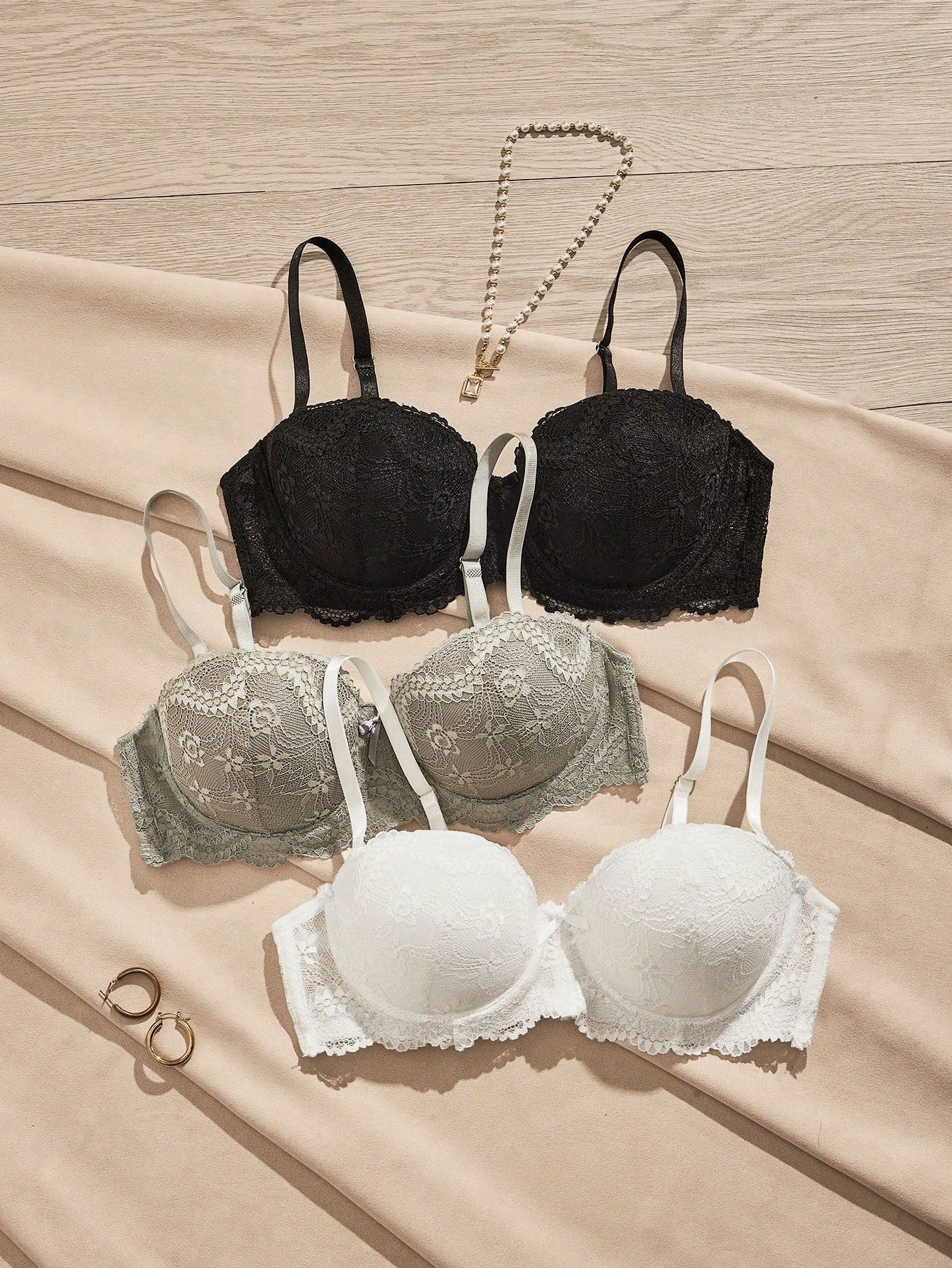 Women Lace Trim Wire-Free Push Up Bra With Non-Removable Pads Multicolor 4