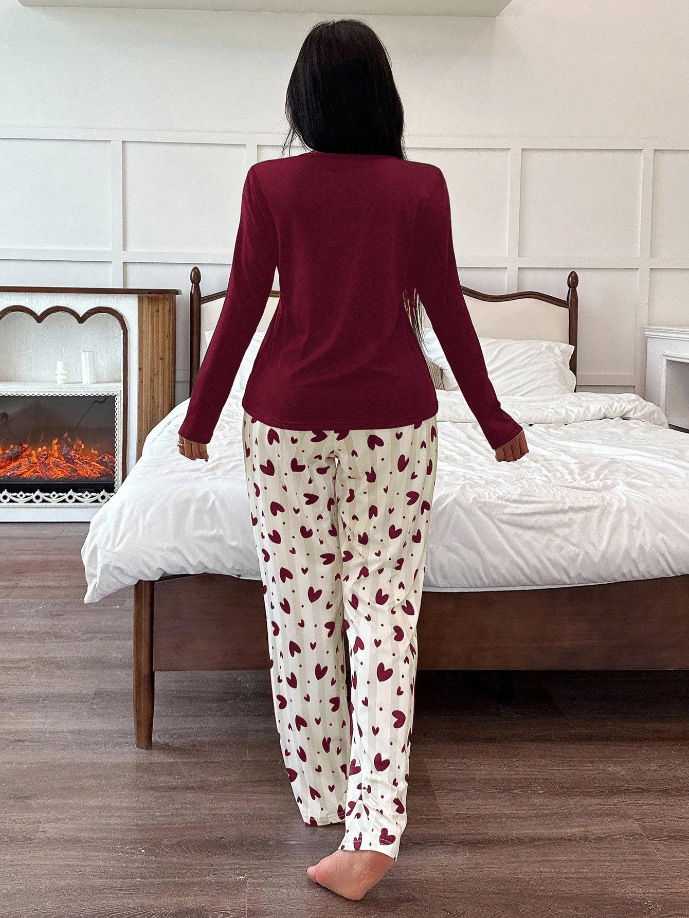 Heart Print Casual Round Neck Long Sleeve Pajama Set