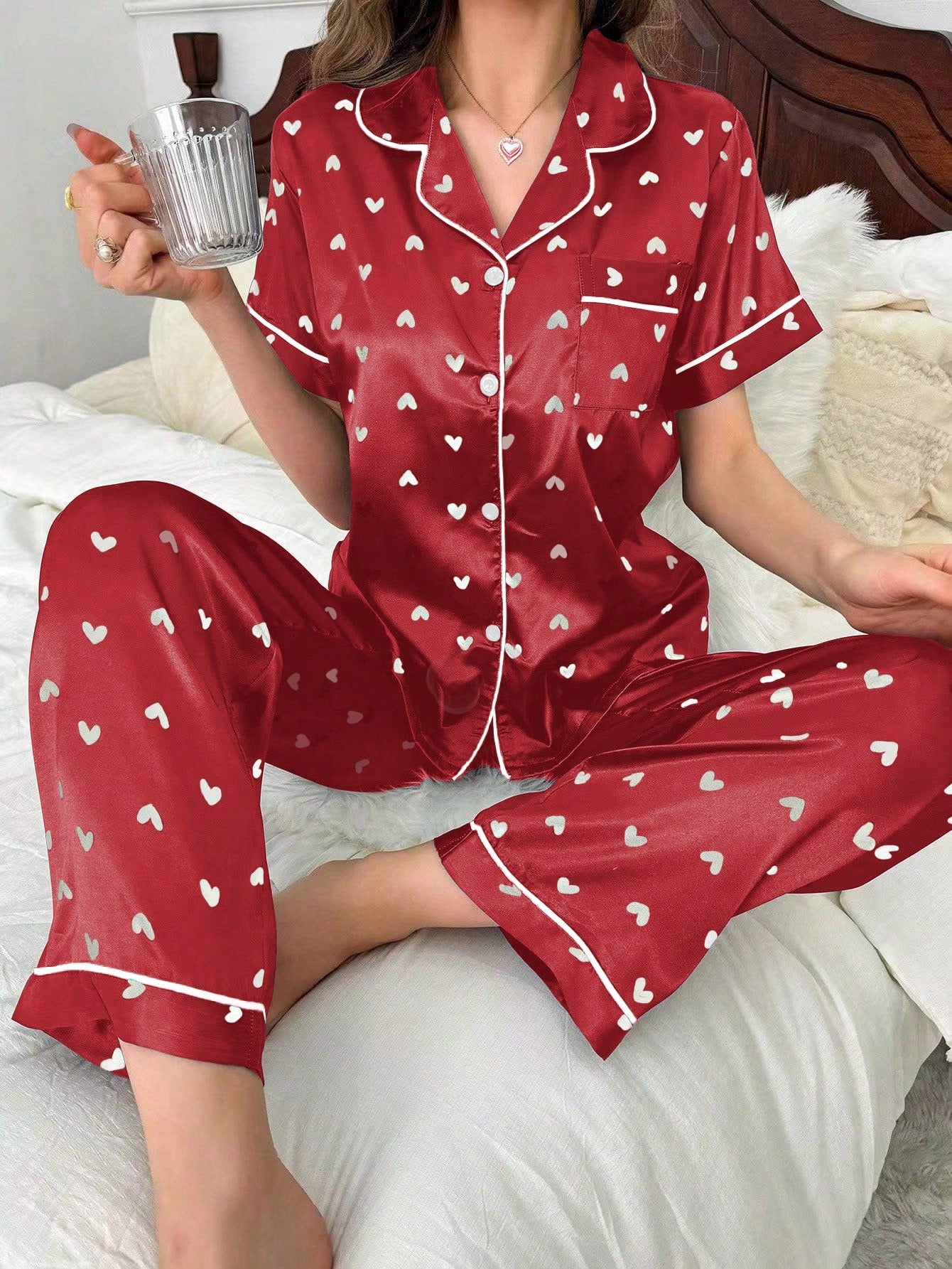 Patchwork Heart Embellished Jacquard Silk Short Sleeve Top And Pants