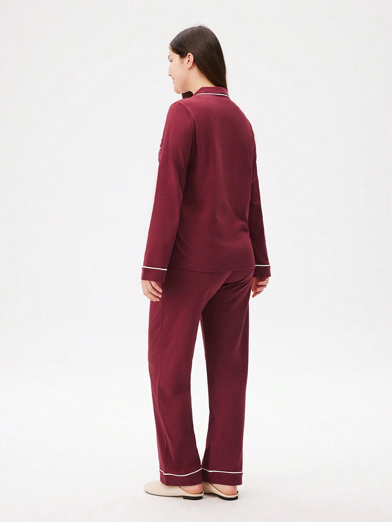 Cotton Basic Shawl Collar Button-Up Top & Pants Loungewear Pajama Set