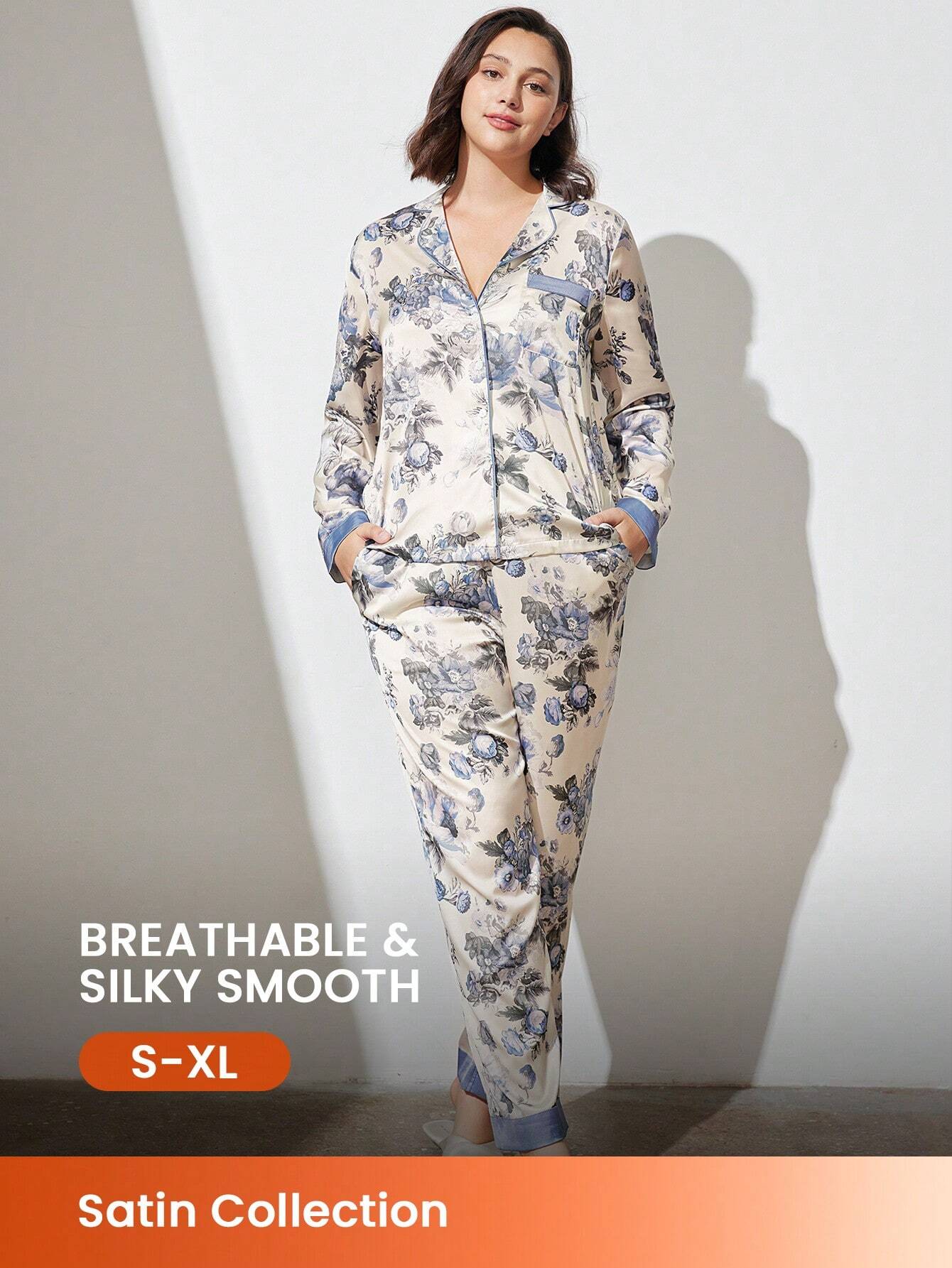 Floral Pattern Chinese Ink Painting Flora Print Satin Long Women Pajama Sets