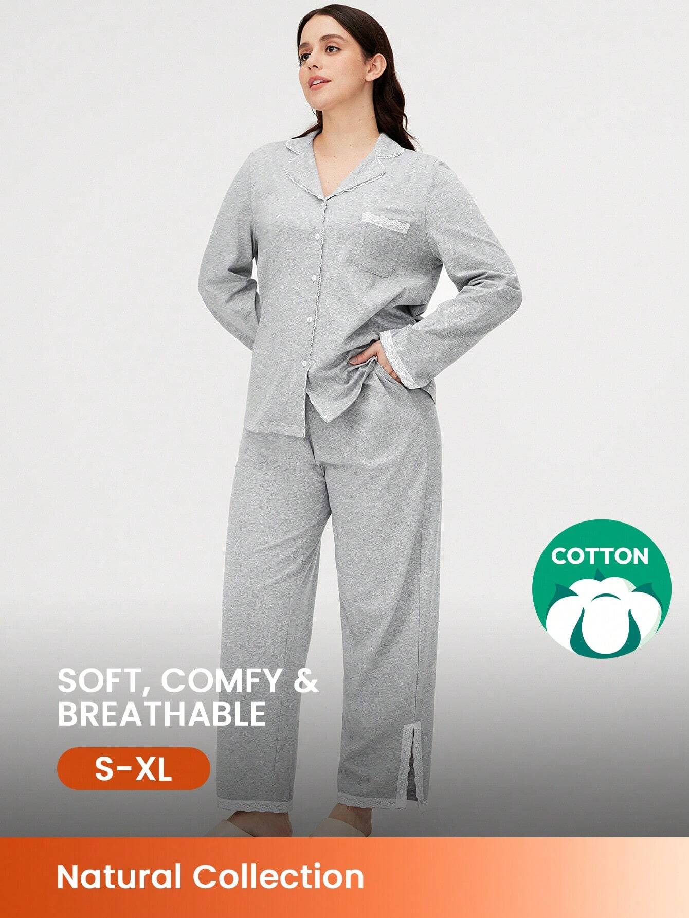 Soft Fabric With Lace Elegance Trim Long Women Cotton Pajama Set