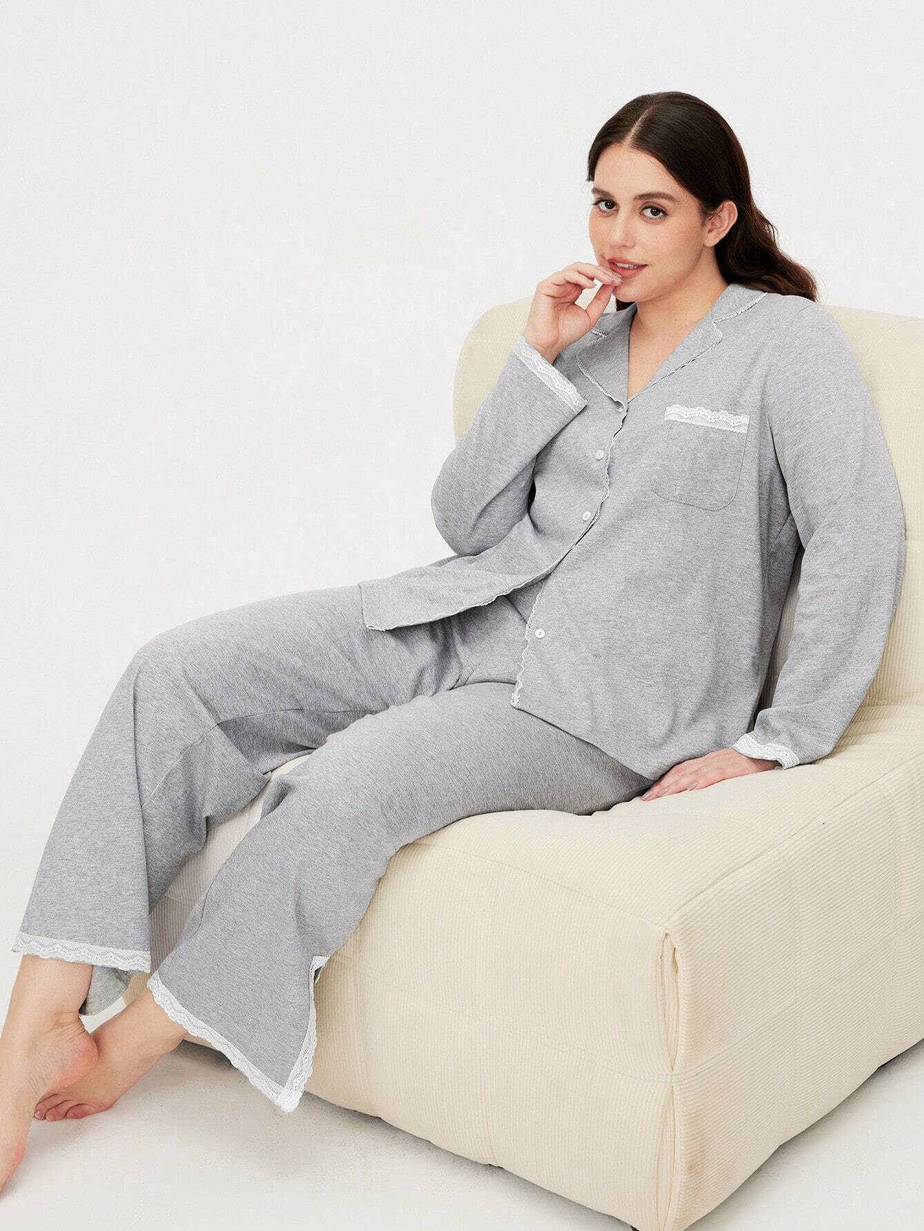 Soft Fabric With Lace Elegance Trim Long Women Cotton Pajama Set