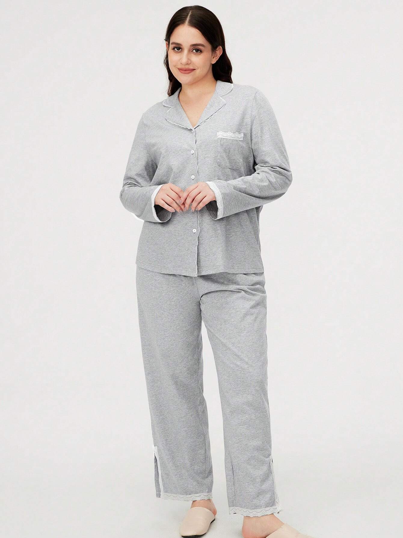 Soft Fabric With Lace Elegance Trim Long Women Cotton Pajama Set