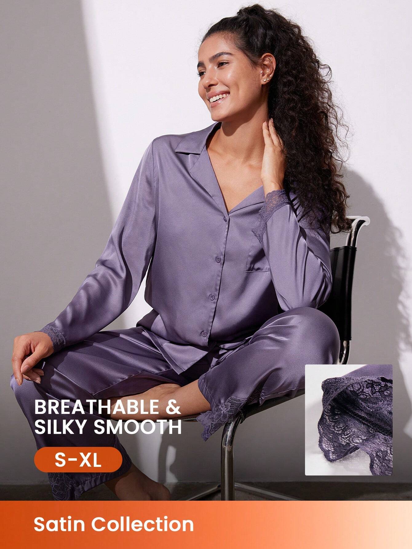 Satin With Lace Trim Retro Long Women Pajama Set