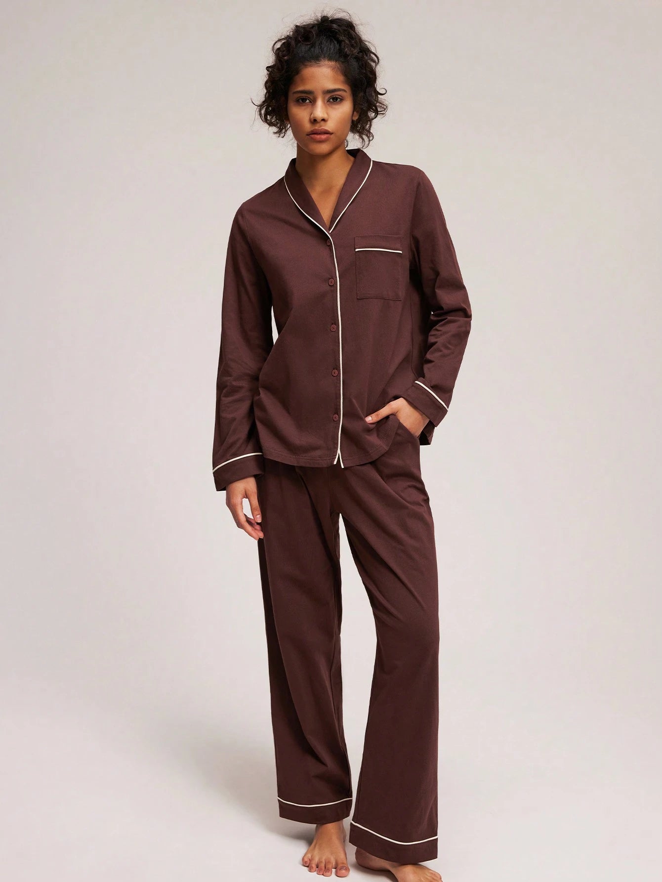 Cotton Basic Shawl Collar Button-Up Top & Pants Loungewear Pajama Set