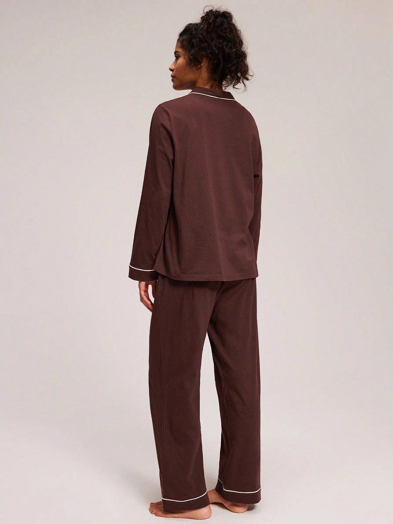 Cotton Basic Shawl Collar Button-Up Top & Pants Loungewear Pajama Set