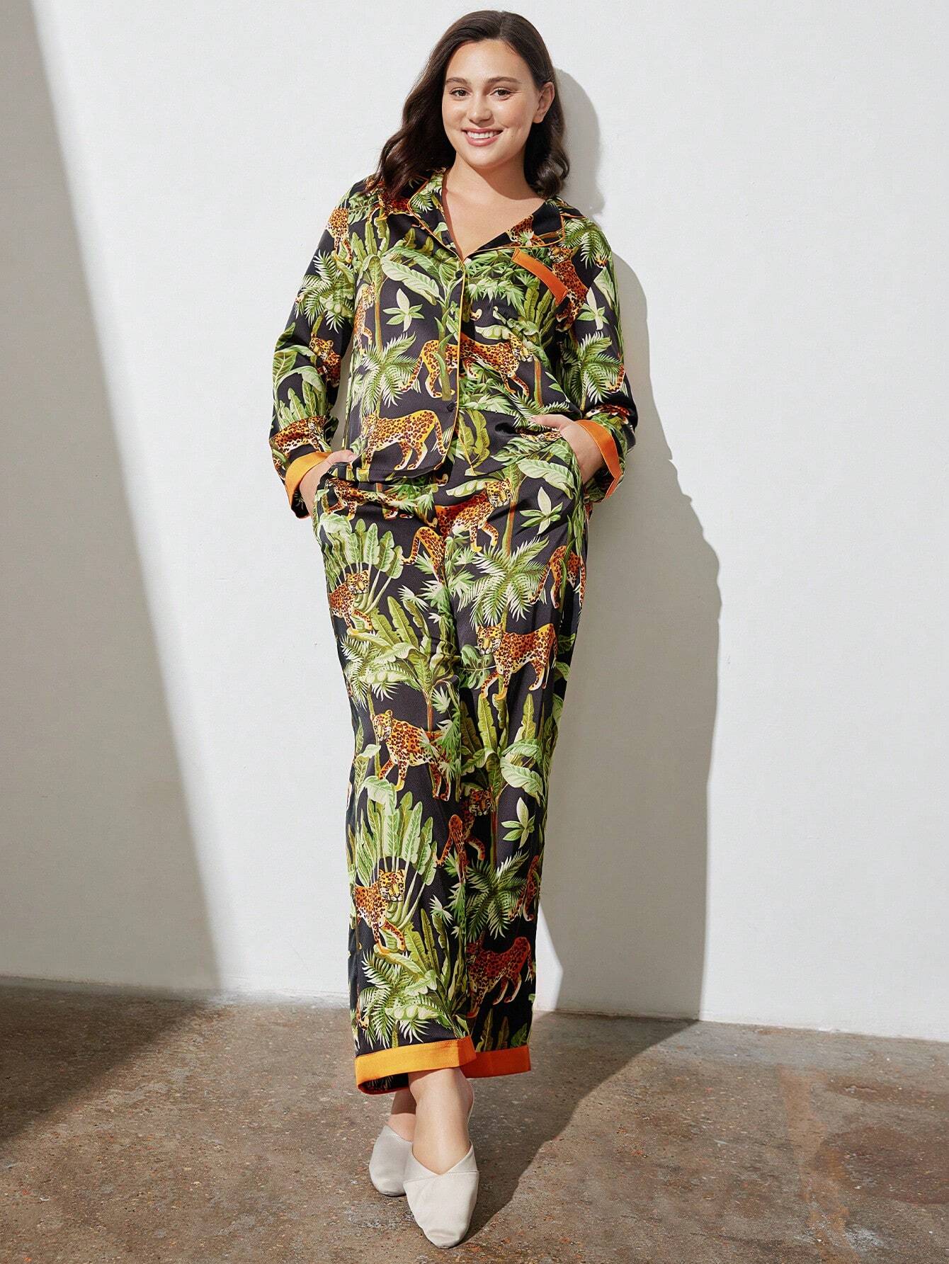 Floral Pattern Chinese Ink Painting Flora Print Satin Long Women Pajama Sets