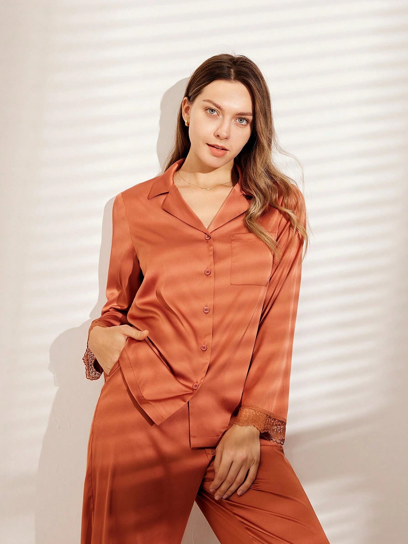 Satin With Lace Trim Retro Long Women Pajama Set