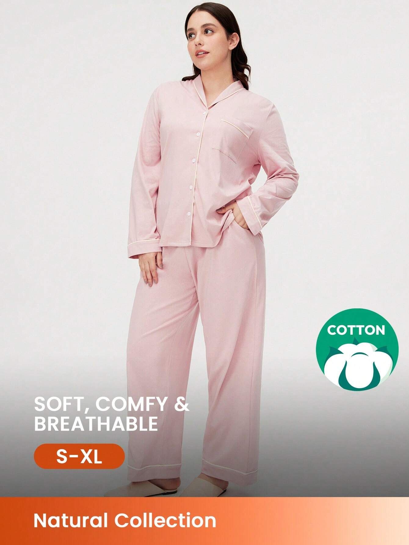 Cotton Basic Shawl Collar Button-Up Top & Pants Loungewear Pajama Set