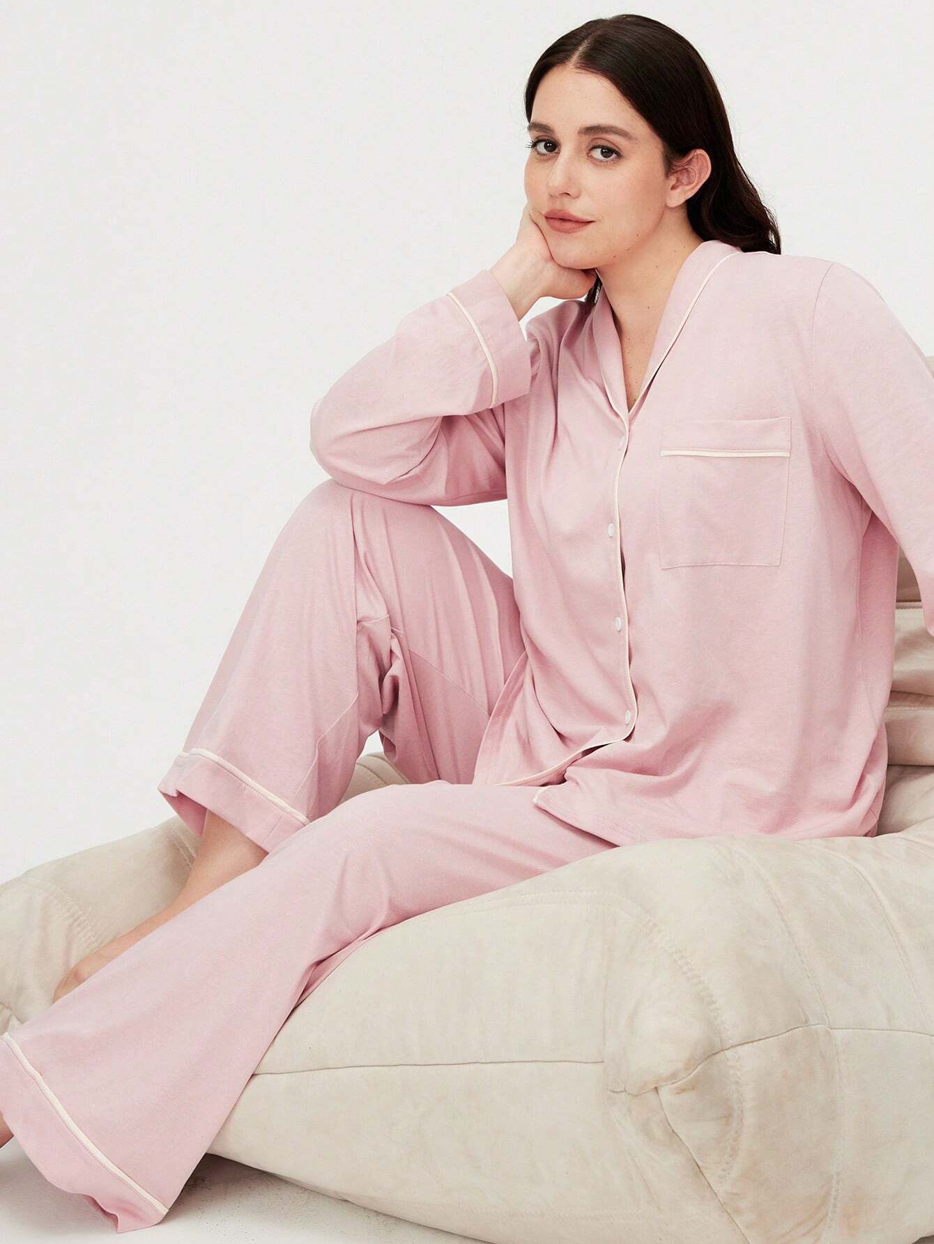 Cotton Basic Shawl Collar Button-Up Top & Pants Loungewear Pajama Set