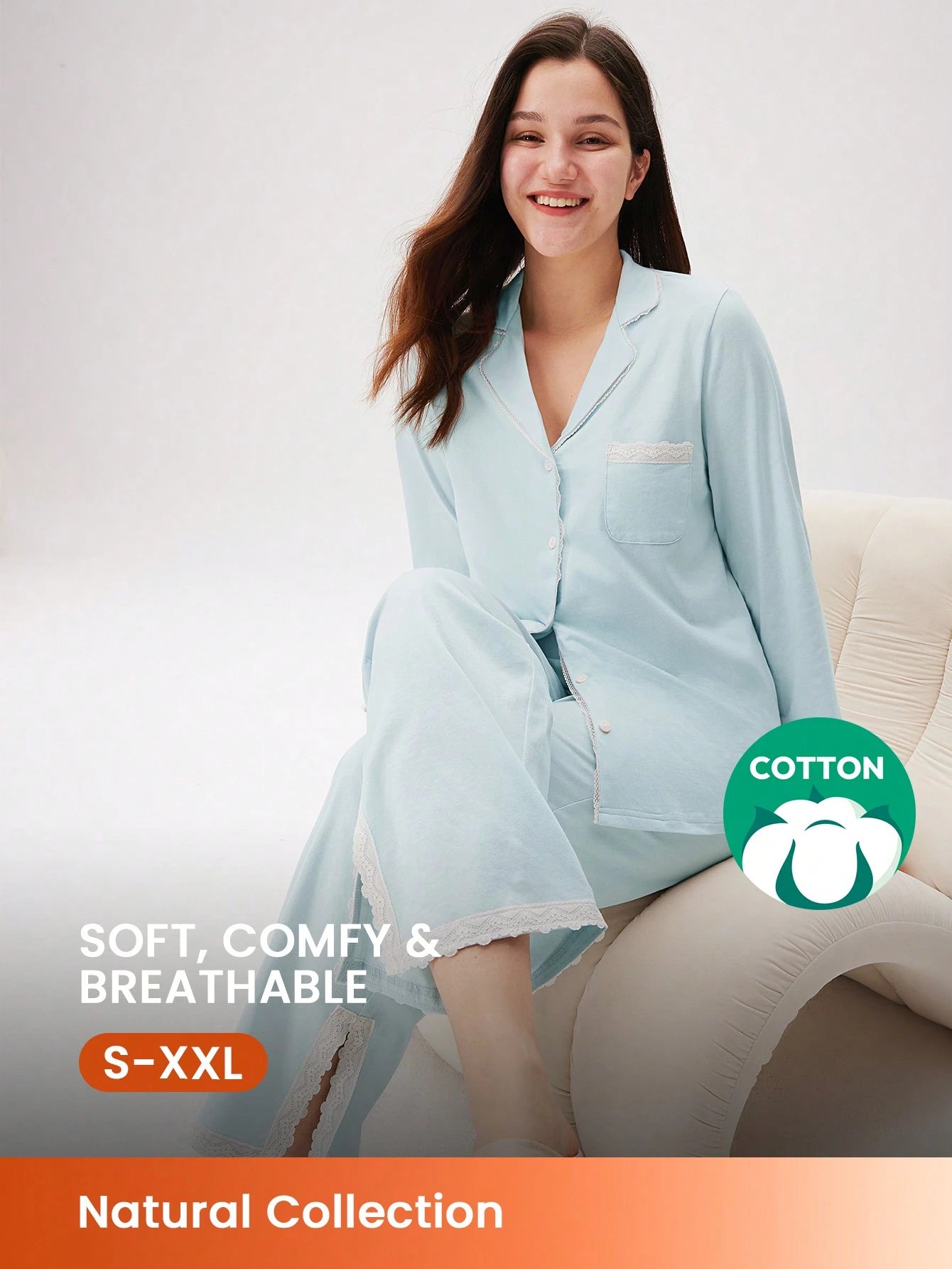 Soft Fabric With Lace Elegance Trim Long Women Cotton Pajama Set
