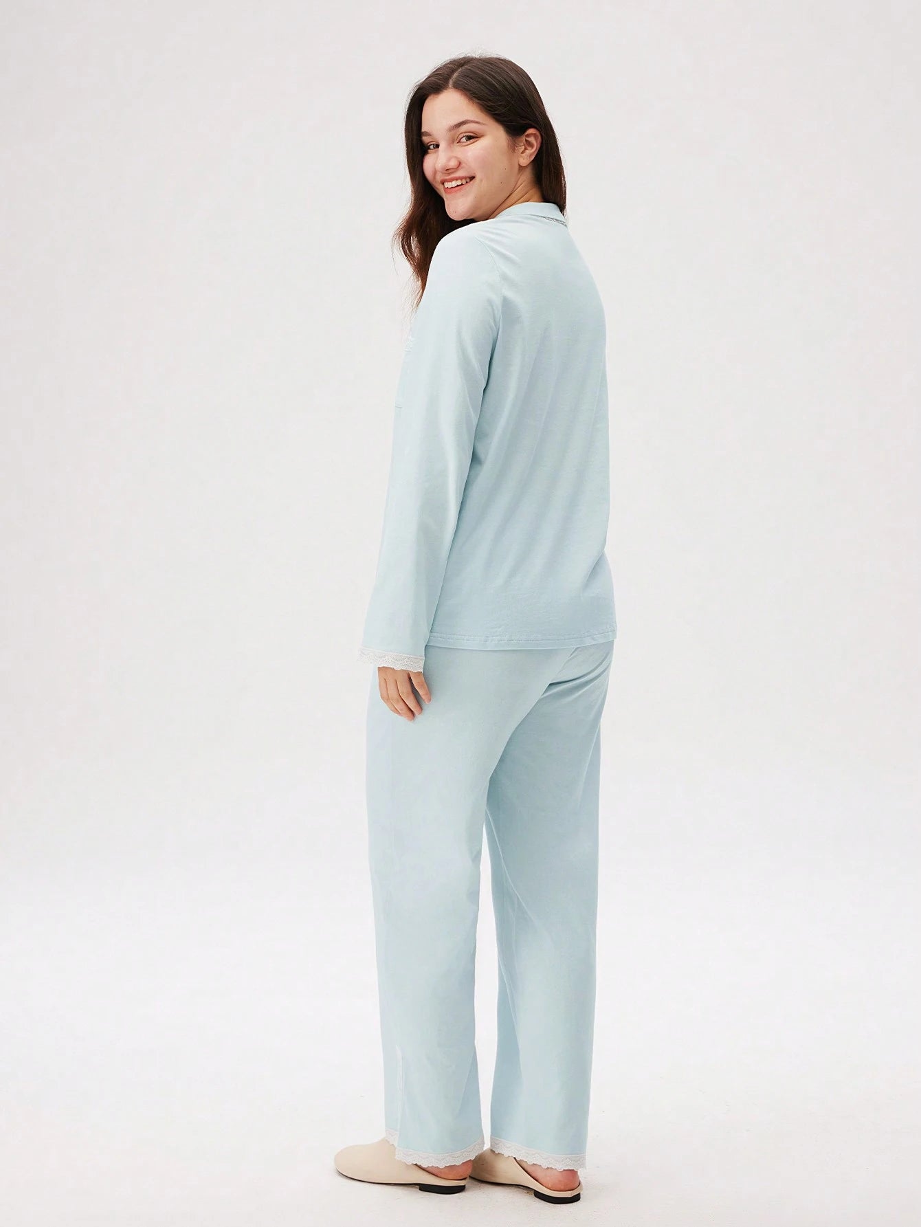 Soft Fabric With Lace Elegance Trim Long Women Cotton Pajama Set