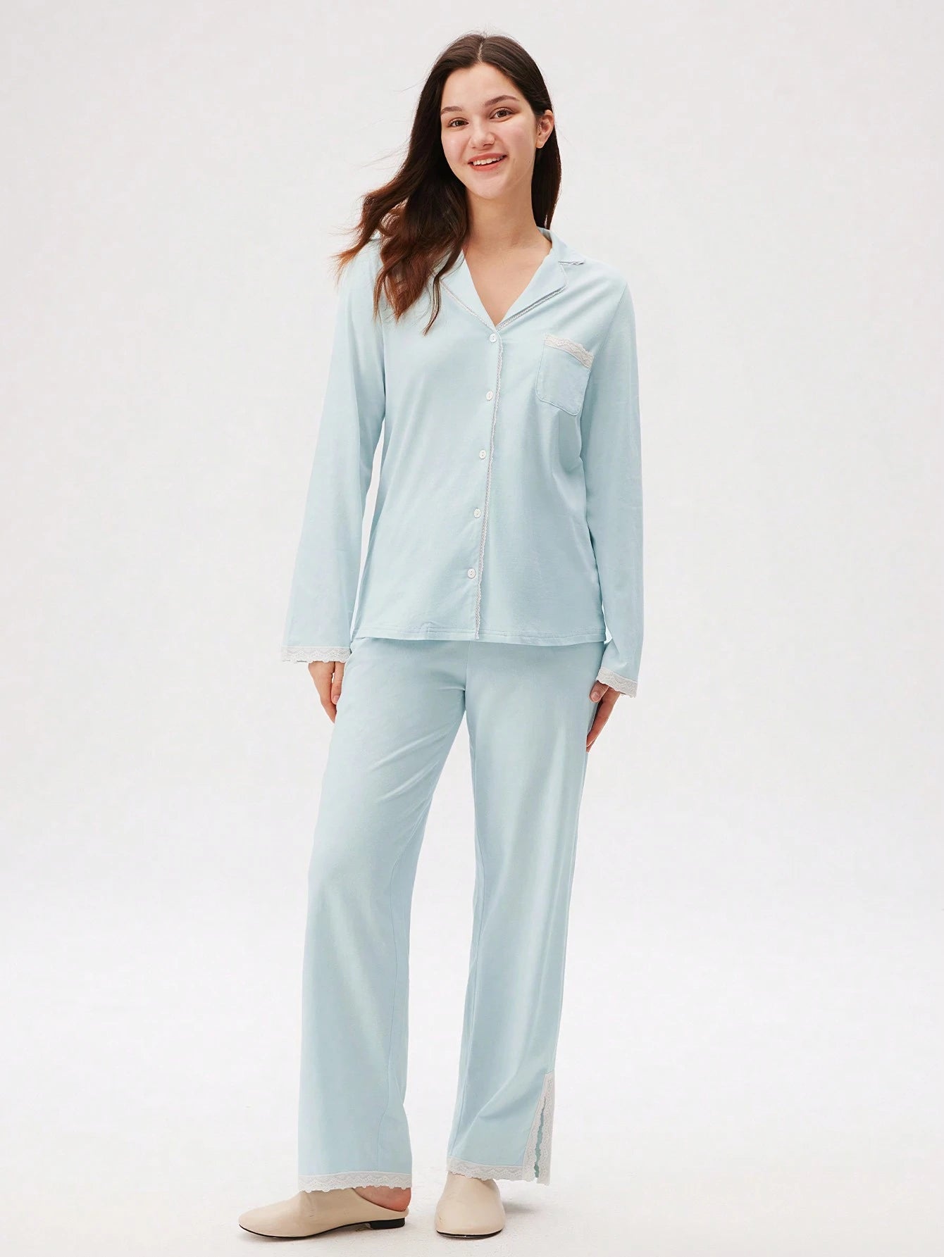 Soft Fabric With Lace Elegance Trim Long Women Cotton Pajama Set