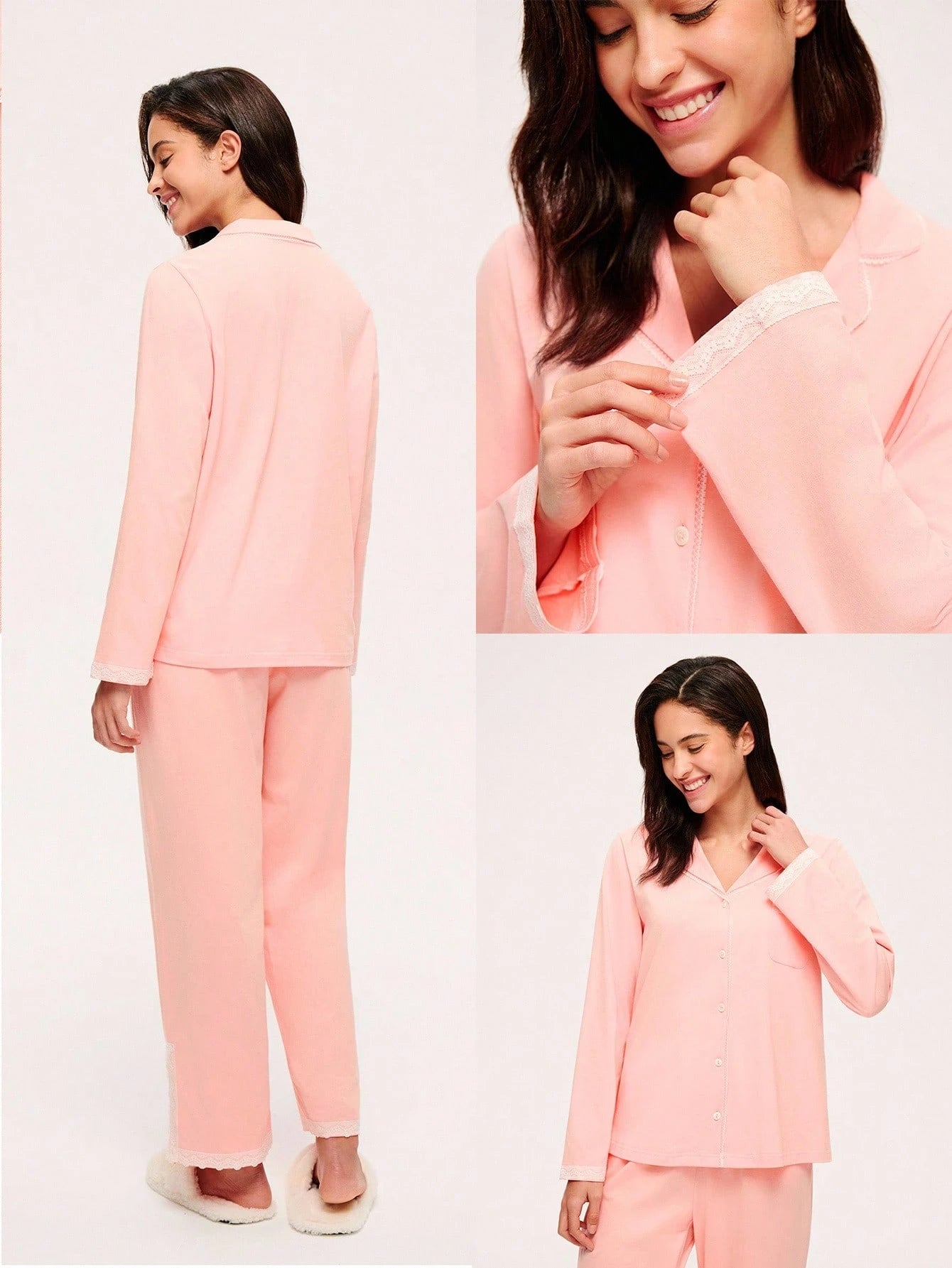 Soft Fabric With Lace Elegance Trim Long Women Cotton Pajama Set