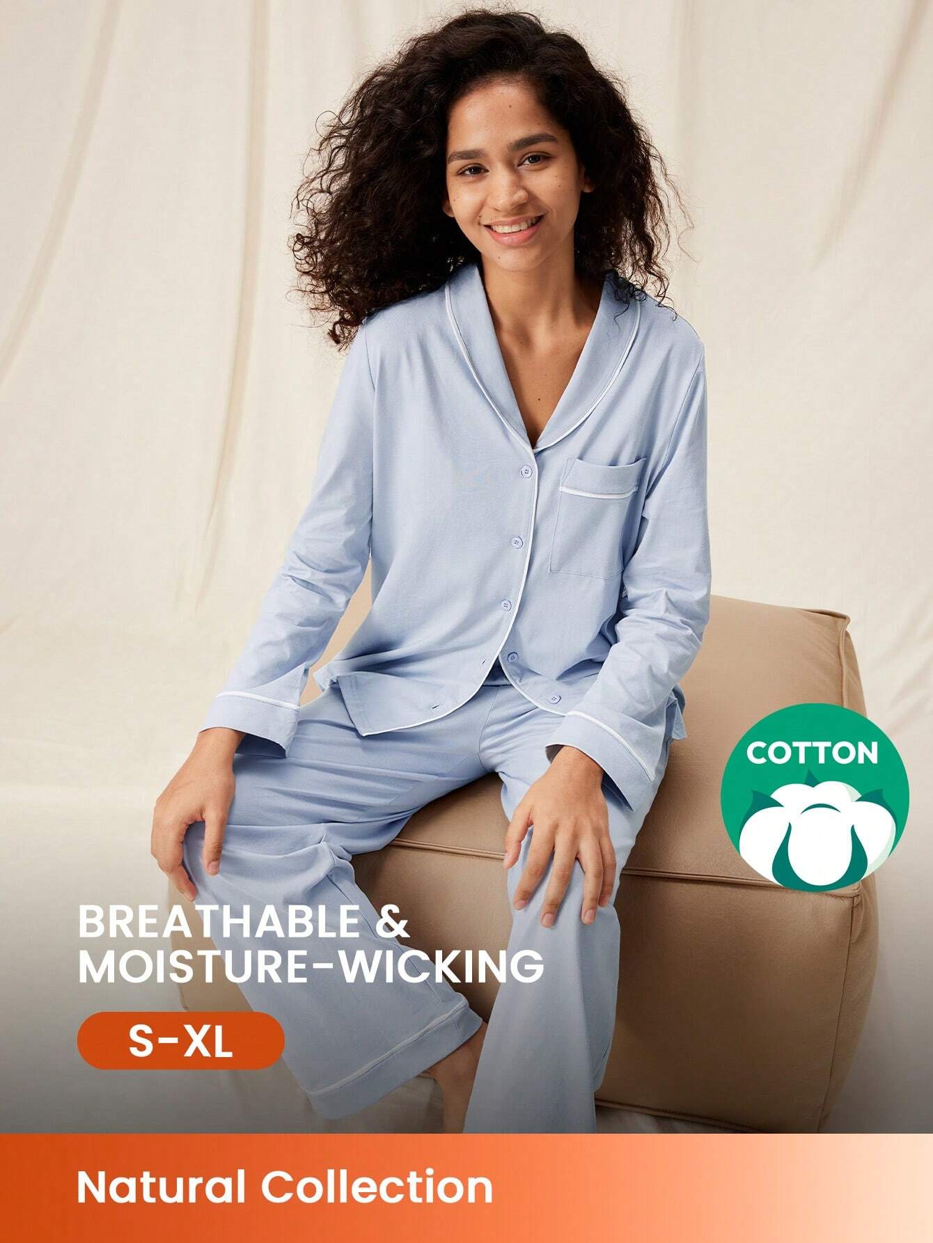 Cotton Basic Shawl Collar Button-Up Top & Pants Loungewear Pajama Set