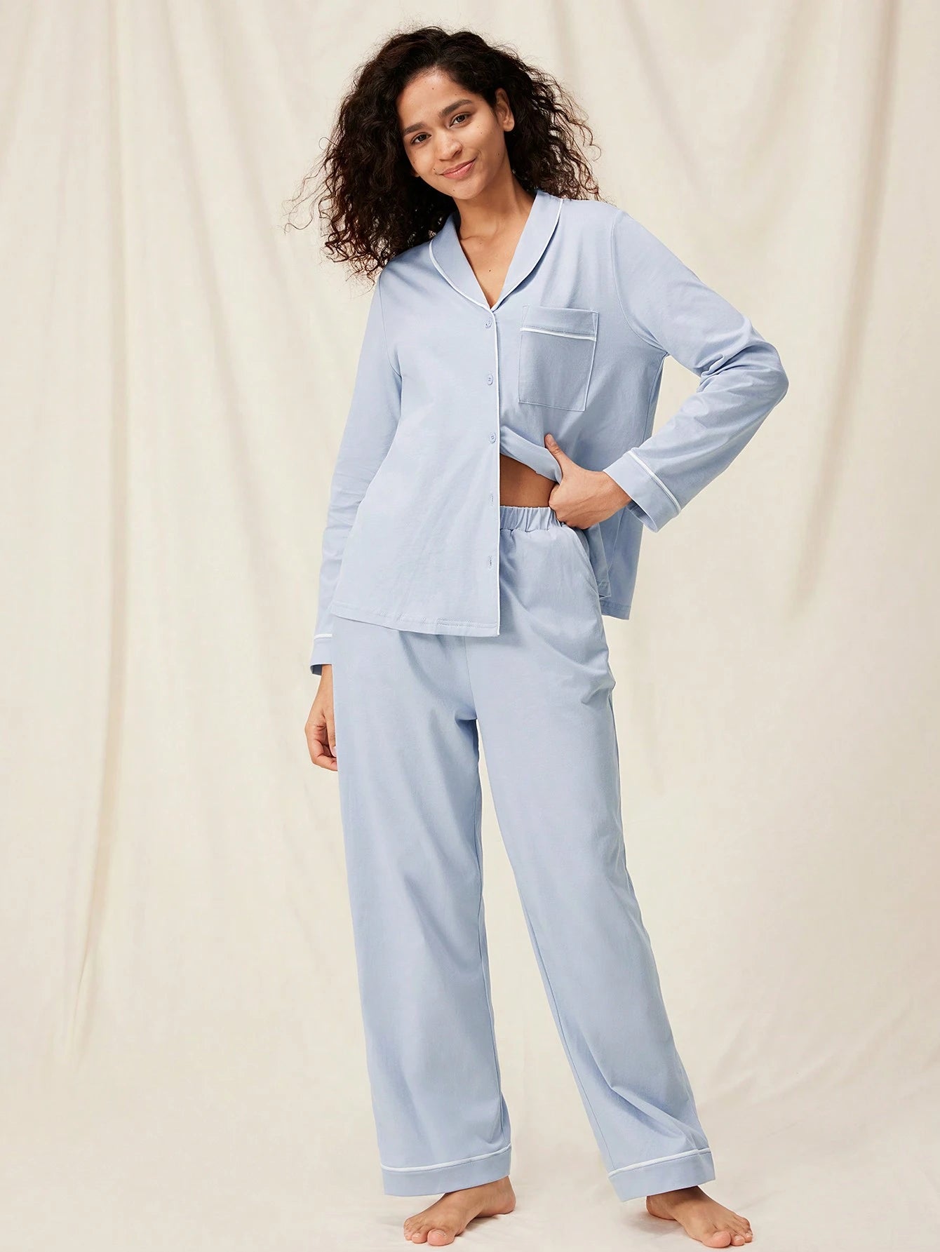 Cotton Basic Shawl Collar Button-Up Top & Pants Loungewear Pajama Set