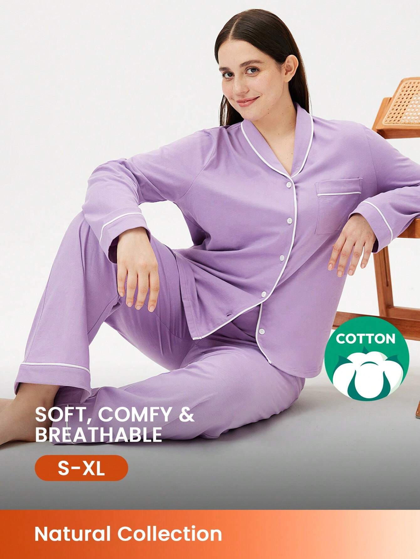 Cotton Basic Shawl Collar Button-Up Top & Pants Loungewear Pajama Set