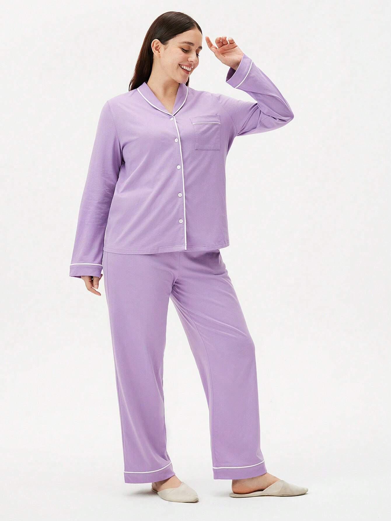 Cotton Basic Shawl Collar Button-Up Top & Pants Loungewear Pajama Set