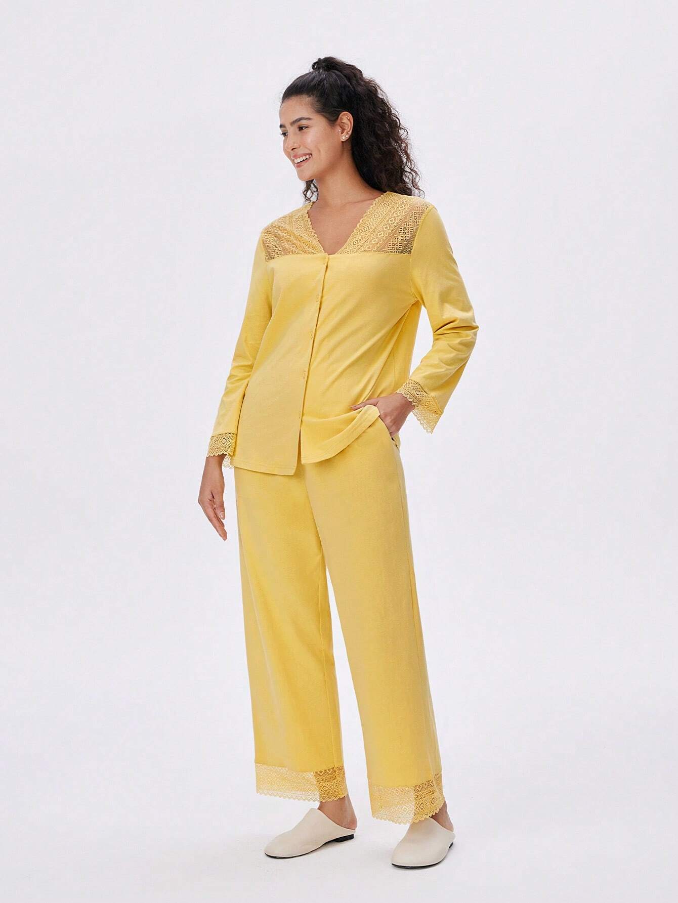 Cotton Misty Forest Style Lace Elegance Trim Button-Up Top & Pants