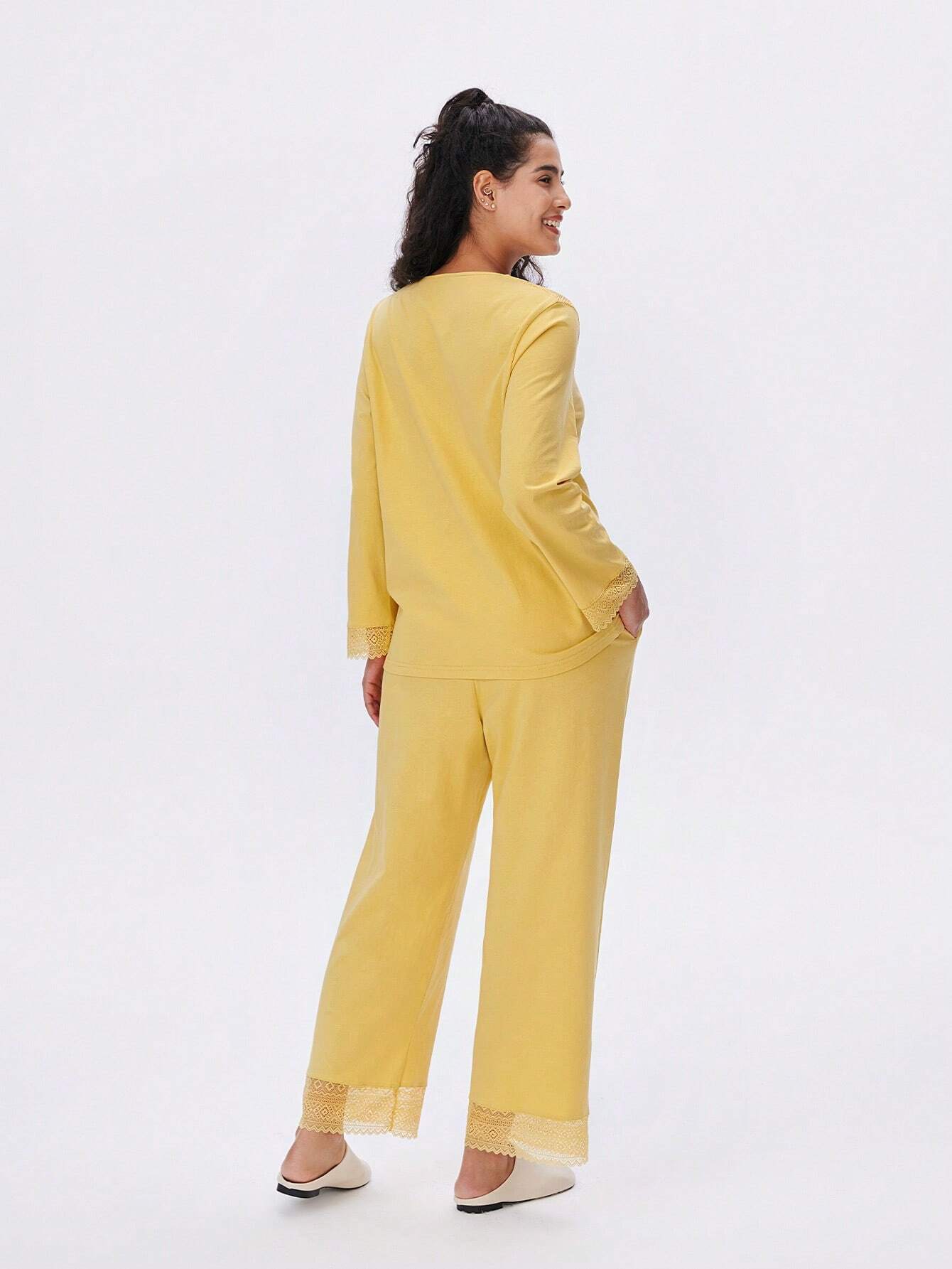 Cotton Misty Forest Style Lace Elegance Trim Button-Up Top & Pants