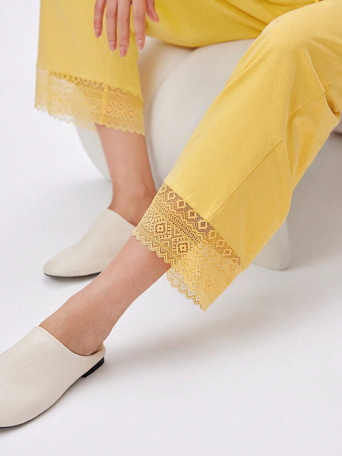 Cotton Misty Forest Style Lace Elegance Trim Button-Up Top & Pants