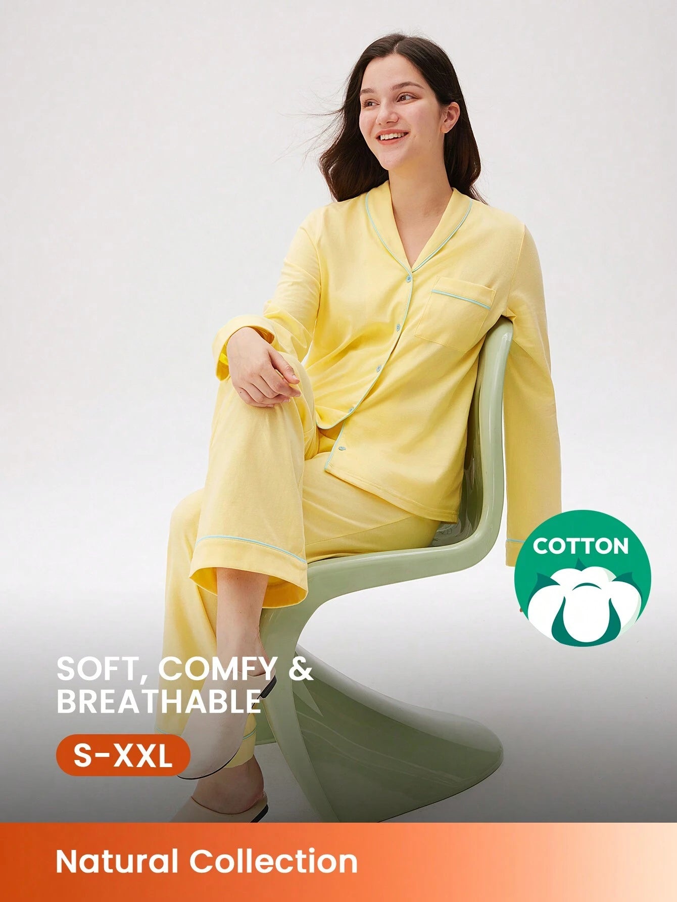 Cotton Basic Shawl Collar Button-Up Top & Pants Loungewear Pajama Set