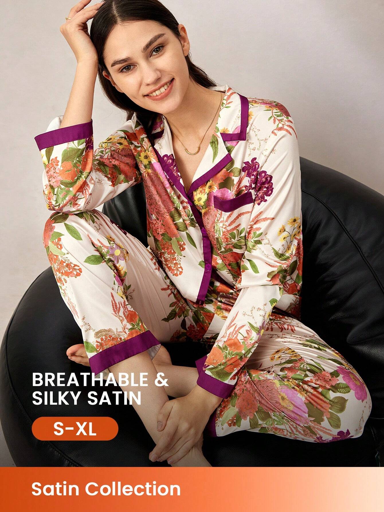 Floral Print Satin Long Women Pajama Sets