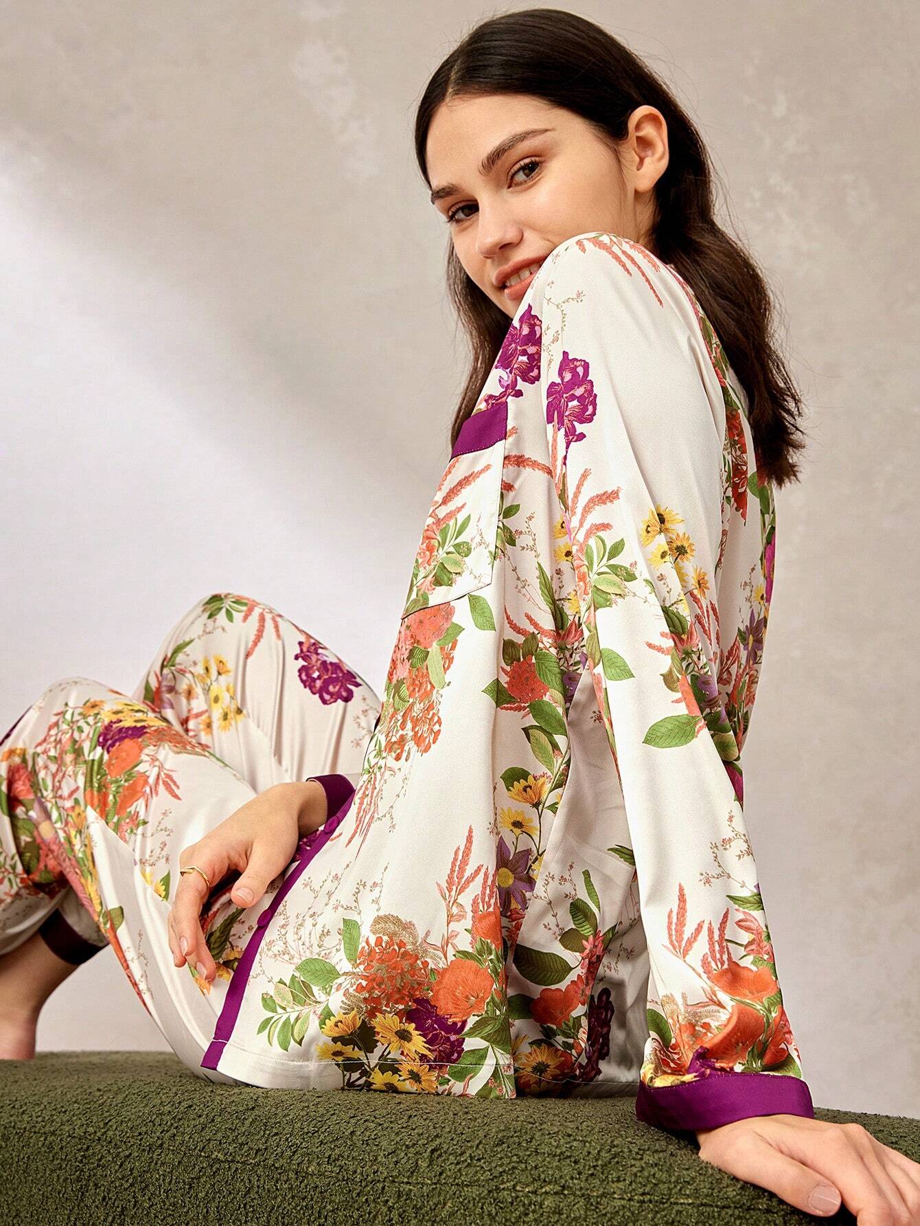 Floral Print Satin Long Women Pajama Sets