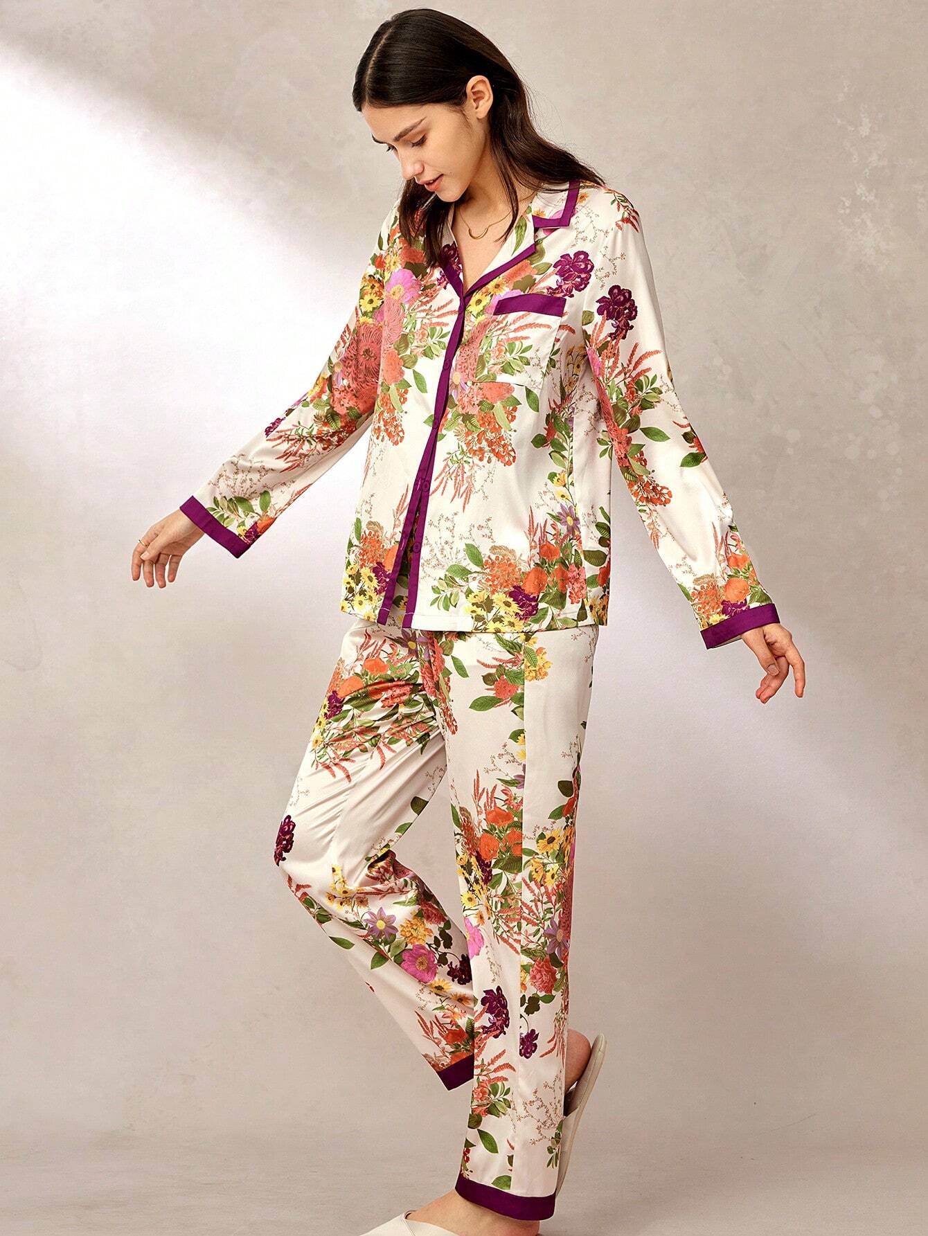 Floral Print Satin Long Women Pajama Sets