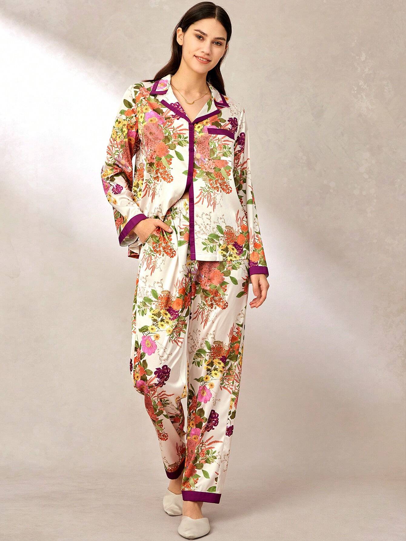 Floral Print Satin Long Women Pajama Sets