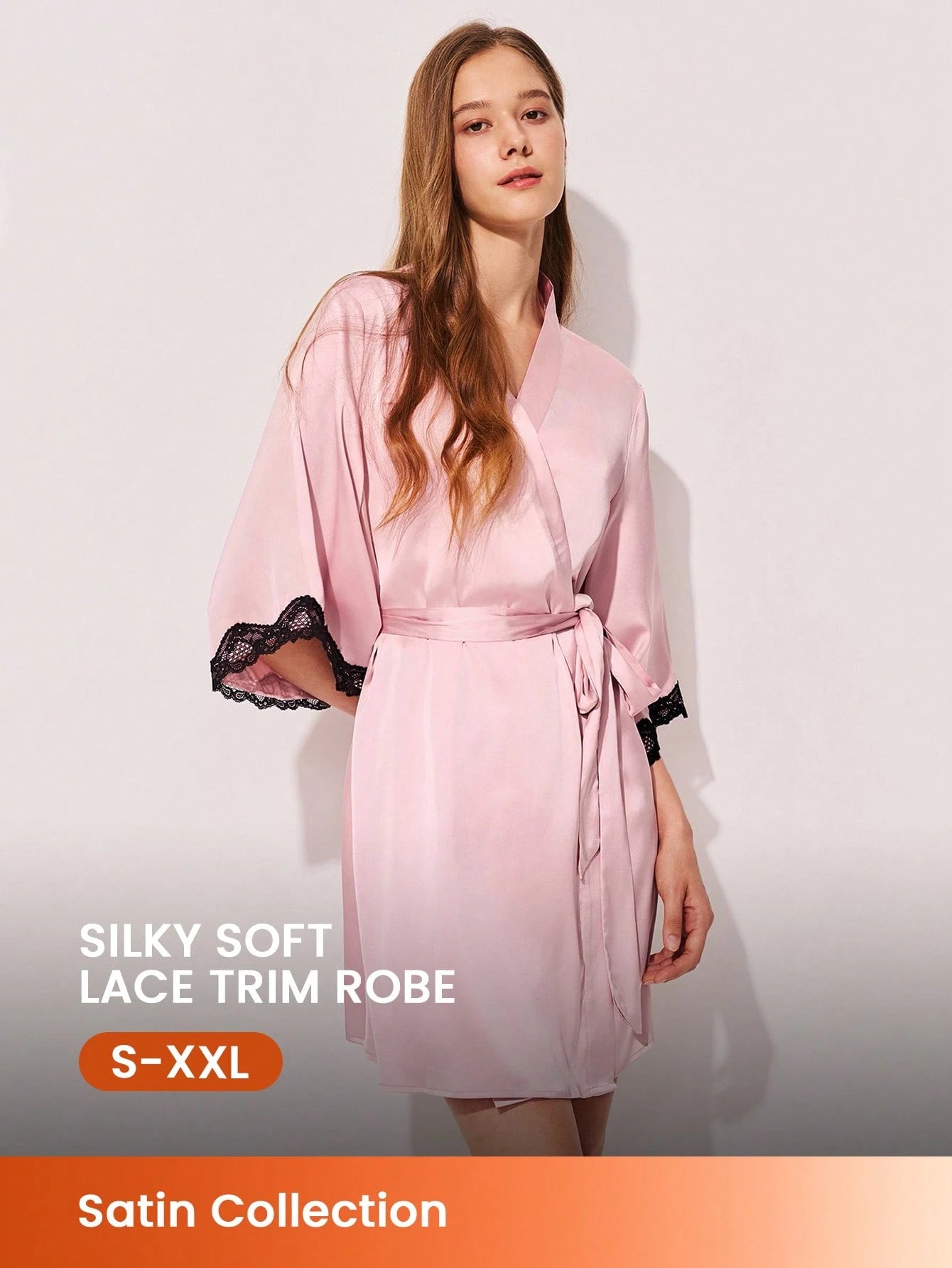 Women Sexy Silky Satin Luxurious Lace Trim Tie-Front Airy Loungewear Pajama Robe Lingerie