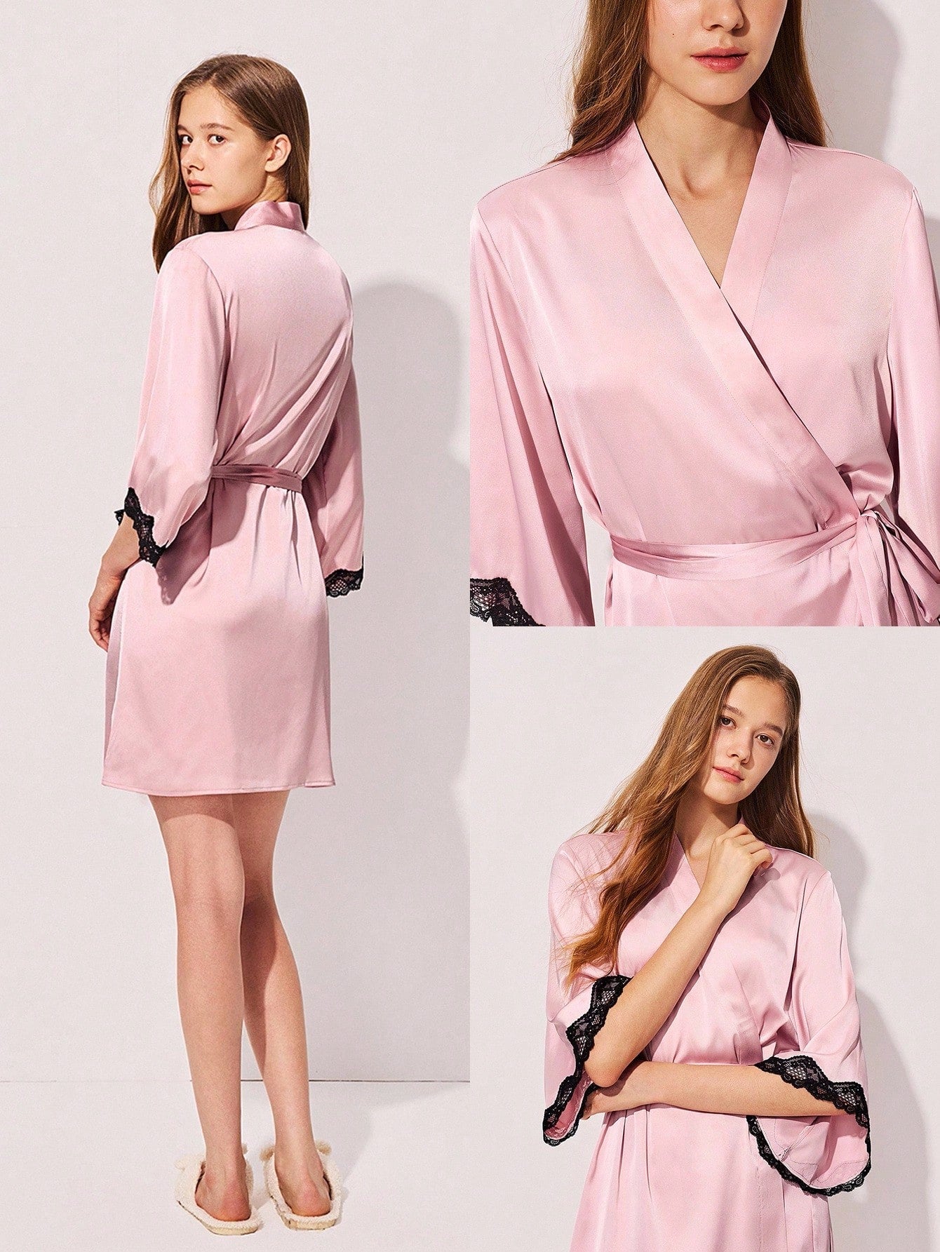 Women Sexy Silky Satin Luxurious Lace Trim Tie-Front Airy Loungewear Pajama Robe Lingerie