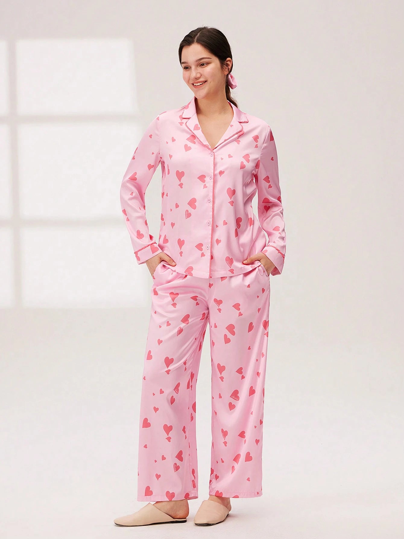 Women Pink Heart Printed Satin Long Pajama Set