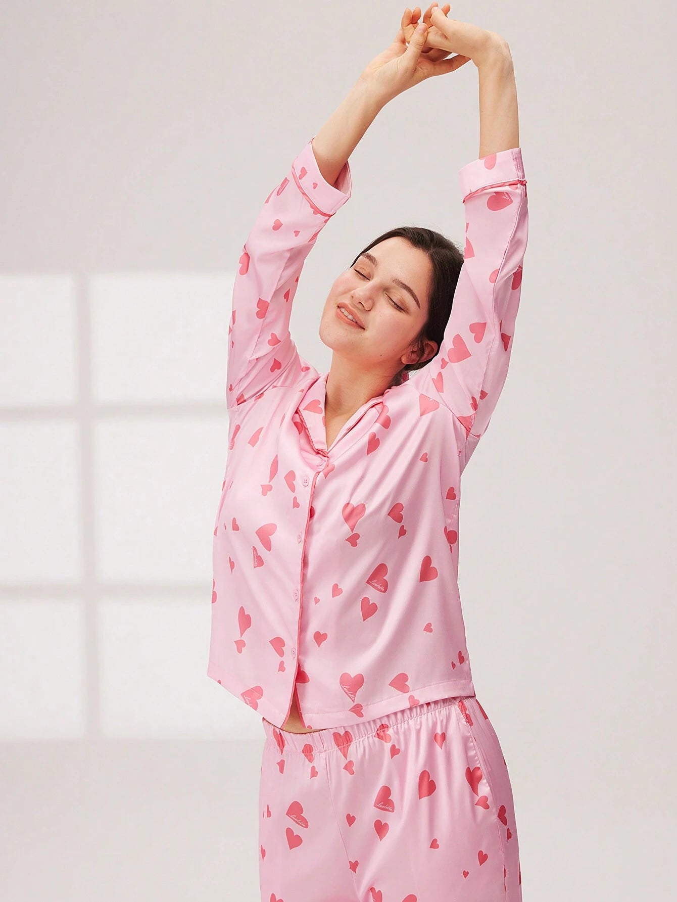 Women Pink Heart Printed Satin Long Pajama Set