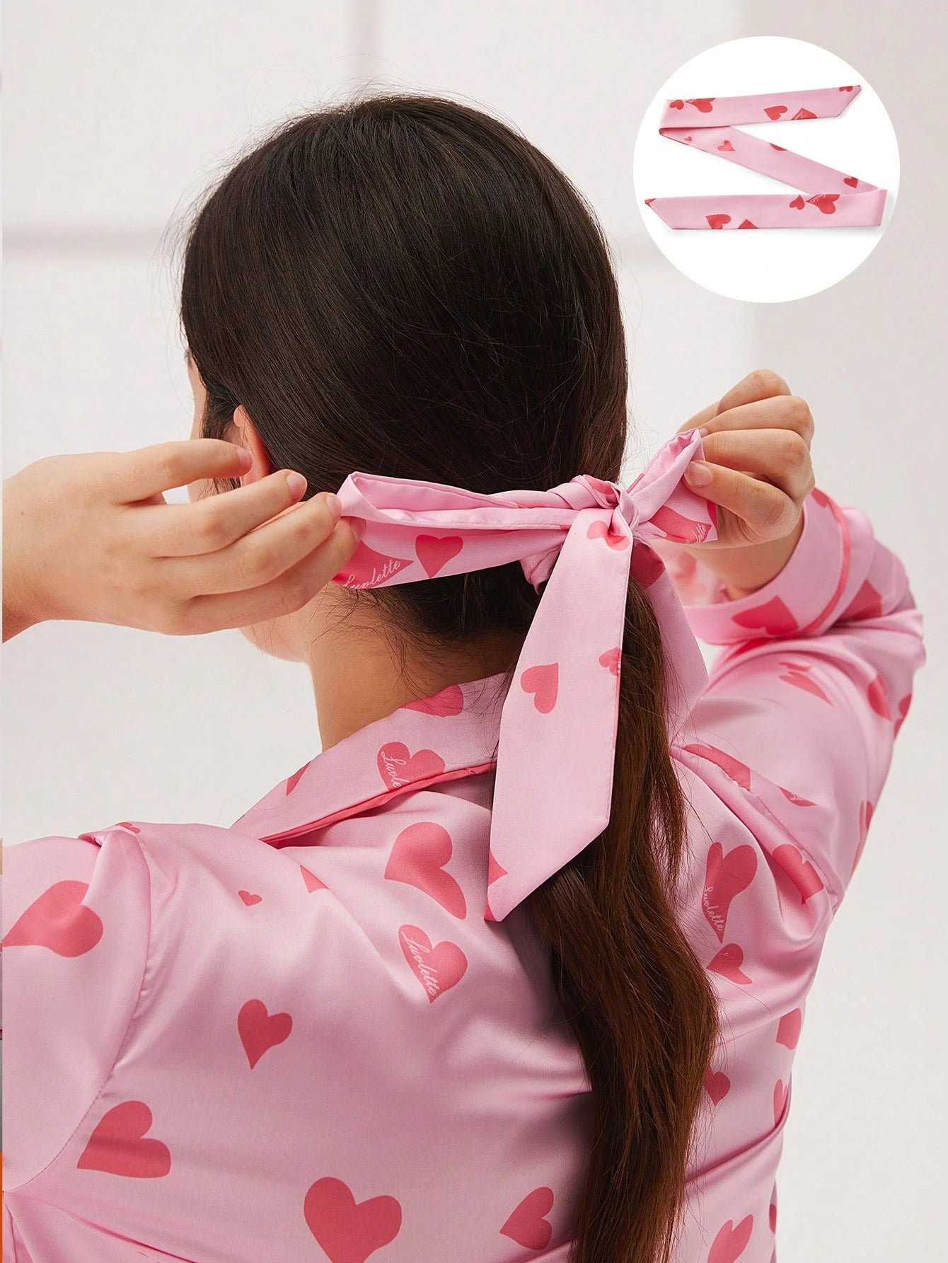 Women Pink Heart Printed Satin Long Pajama Set