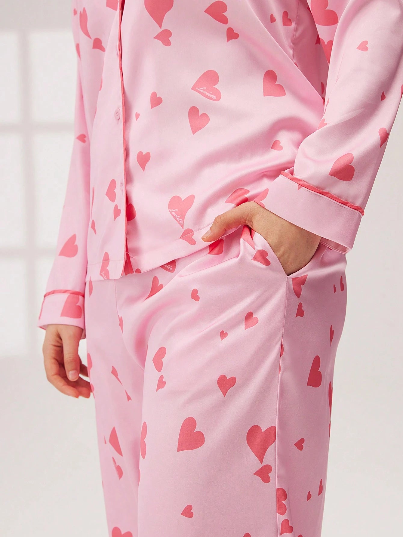 Women Pink Heart Printed Satin Long Pajama Set