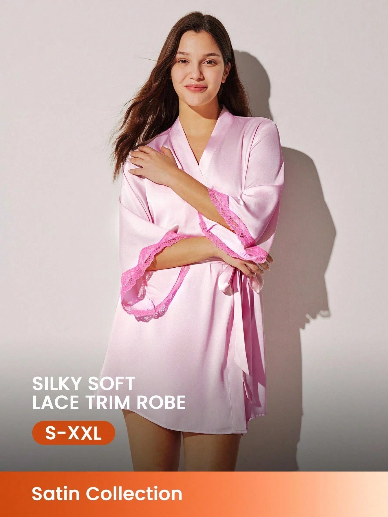 Women Sexy Silky Satin Luxurious Lace Trim Tie-Front Airy Loungewear Pajama Robe Lingerie