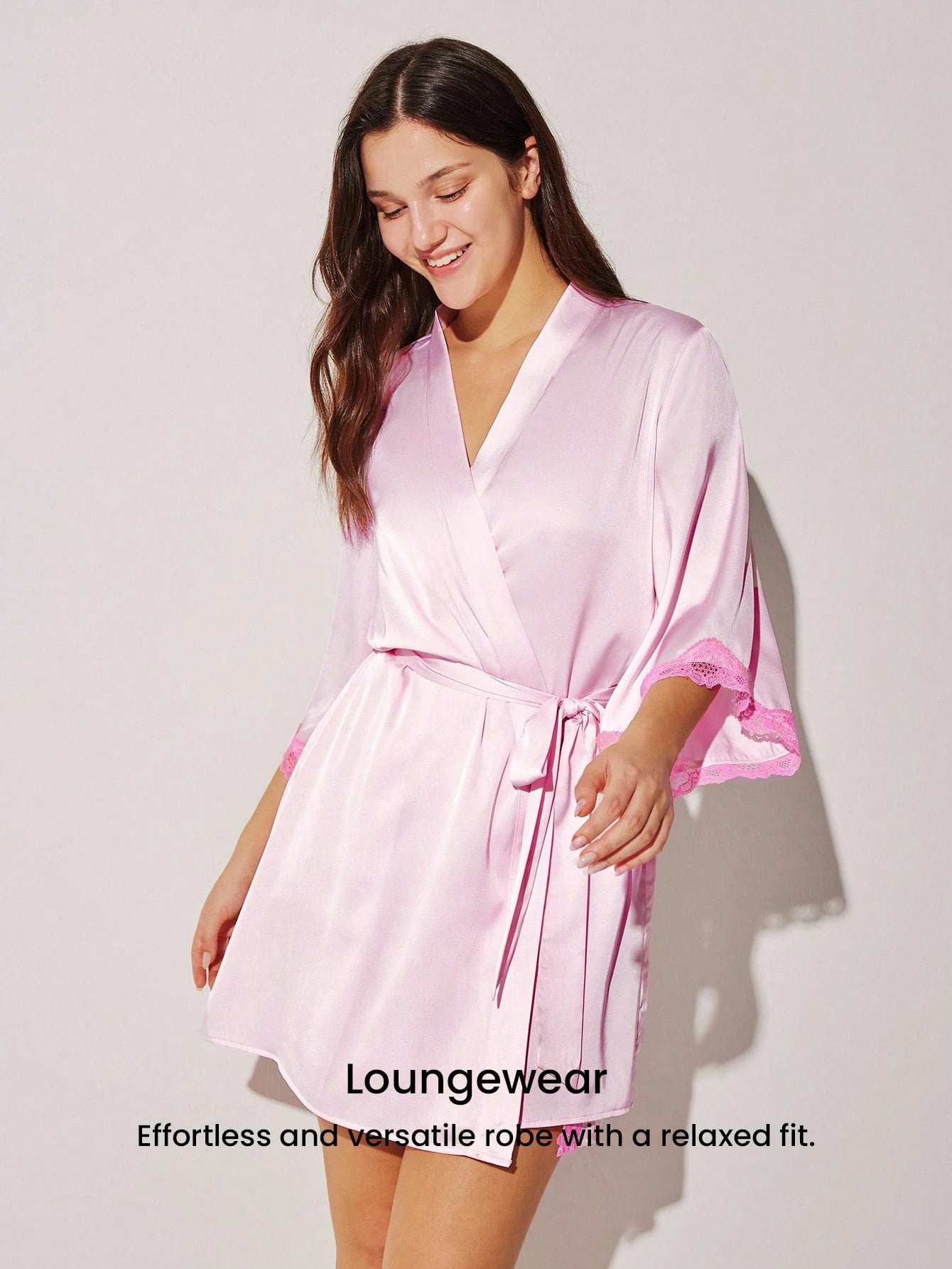Women Sexy Silky Satin Luxurious Lace Trim Tie-Front Airy Loungewear Pajama Robe Lingerie