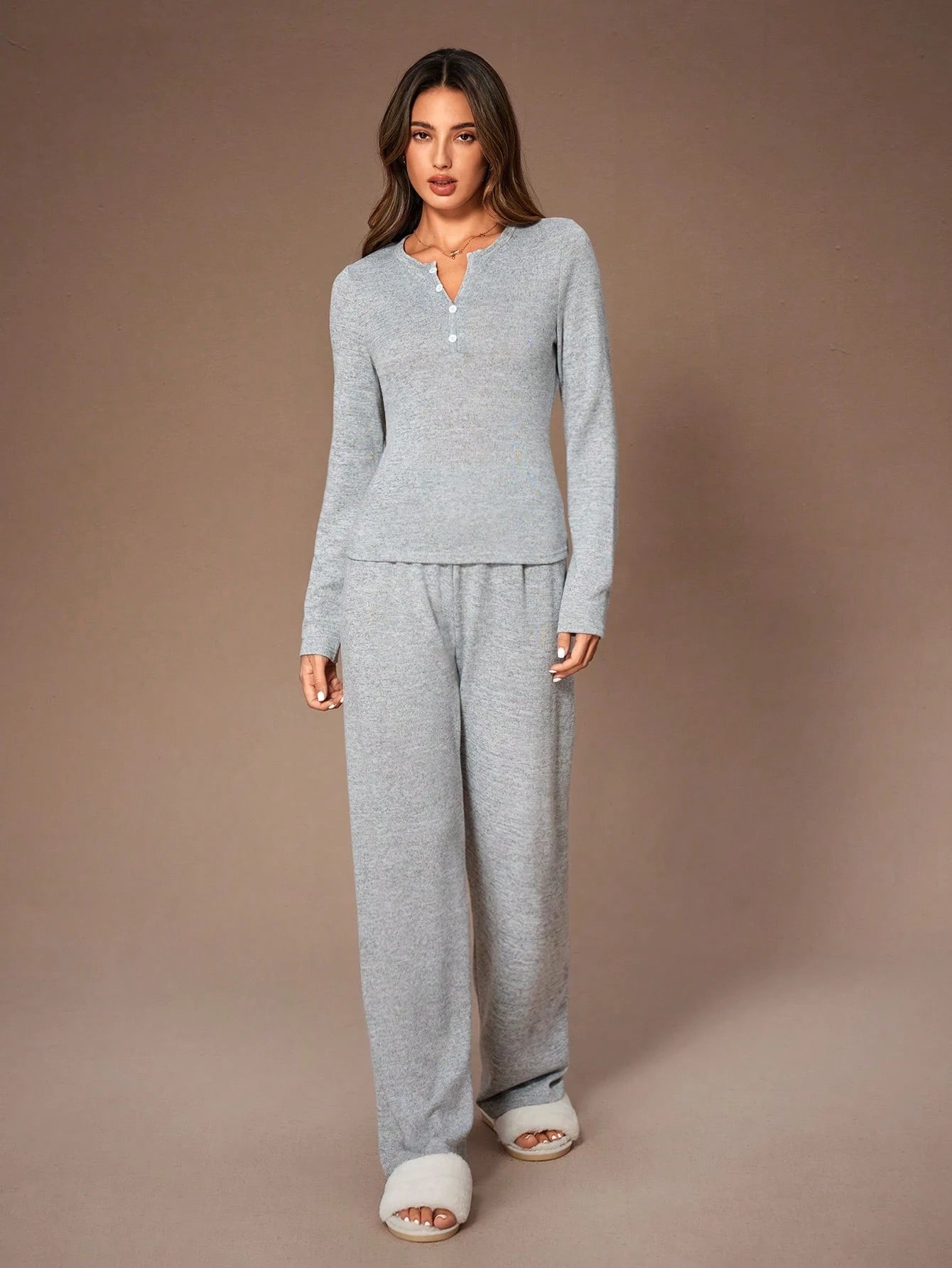 Lazeform Soft Light Gray Fabric Decorated Button Casual Slim Fit Pajama Set
