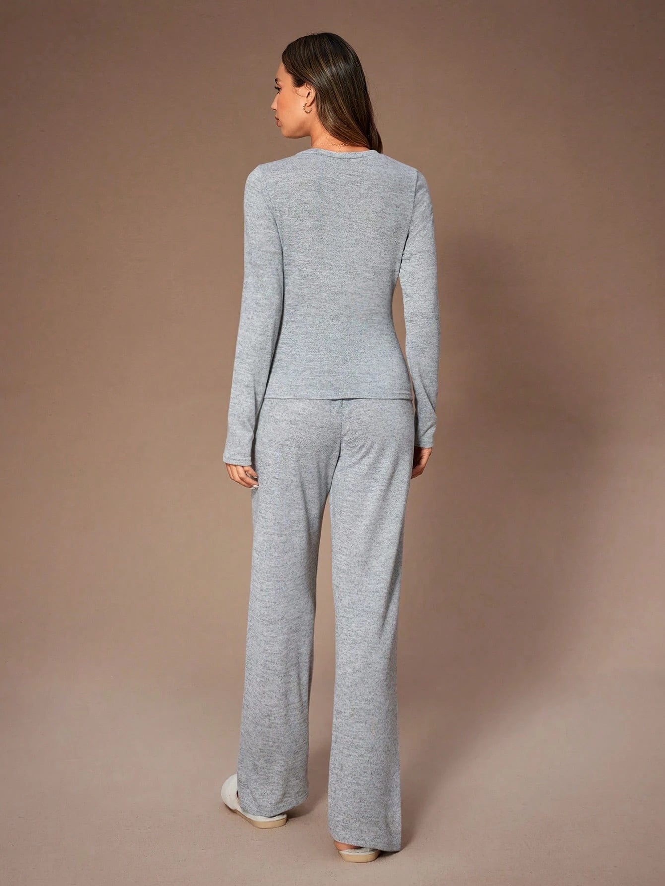 Lazeform Soft Light Gray Fabric Decorated Button Casual Slim Fit Pajama Set