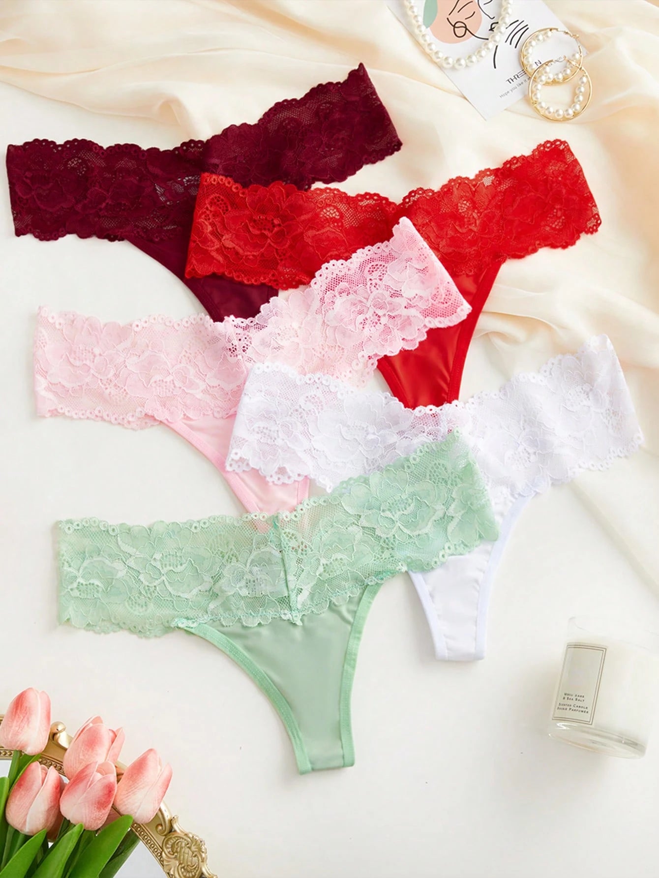 5pack Contrast Lace Thong