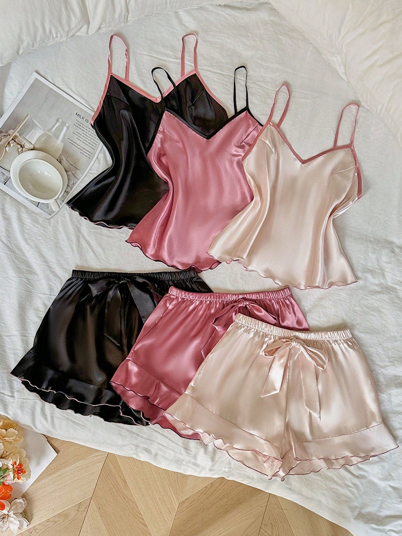 3pcs Contrast Color Ruffle Trim Faux Silk Pajama Set