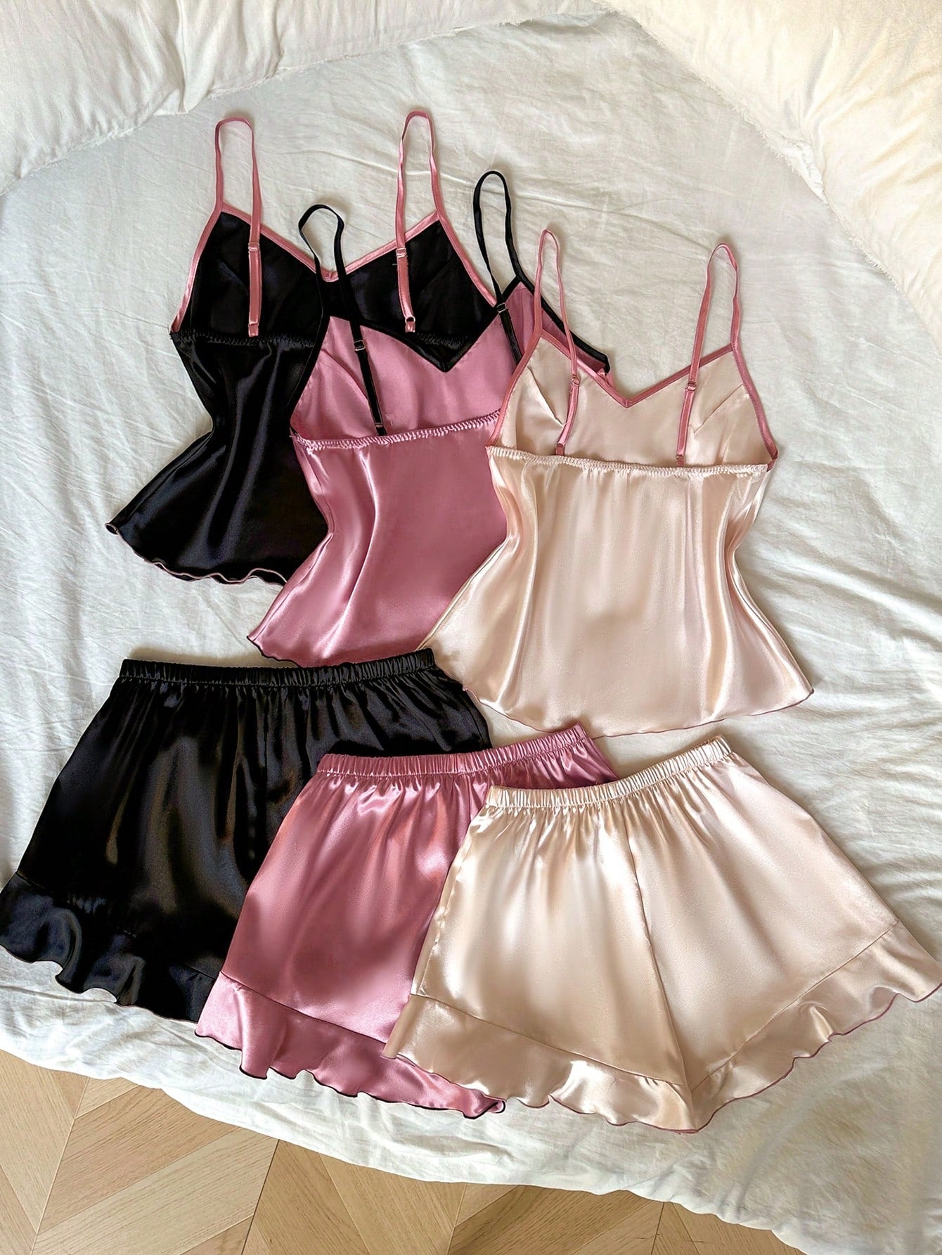 3pcs Contrast Color Ruffle Trim Faux Silk Pajama Set