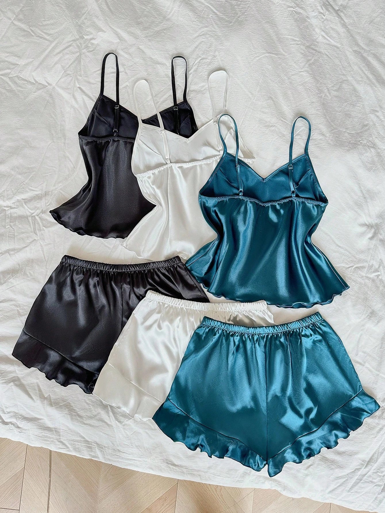 3pcs Contrast Color Ruffle Trim Faux Silk Pajama Set