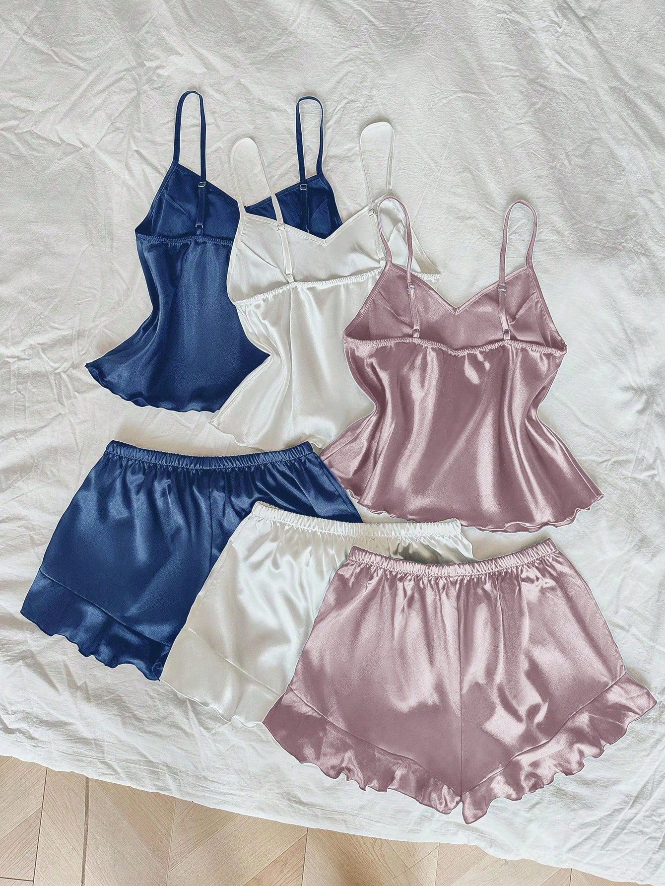 3pcs Contrast Color Ruffle Trim Faux Silk Pajama Set