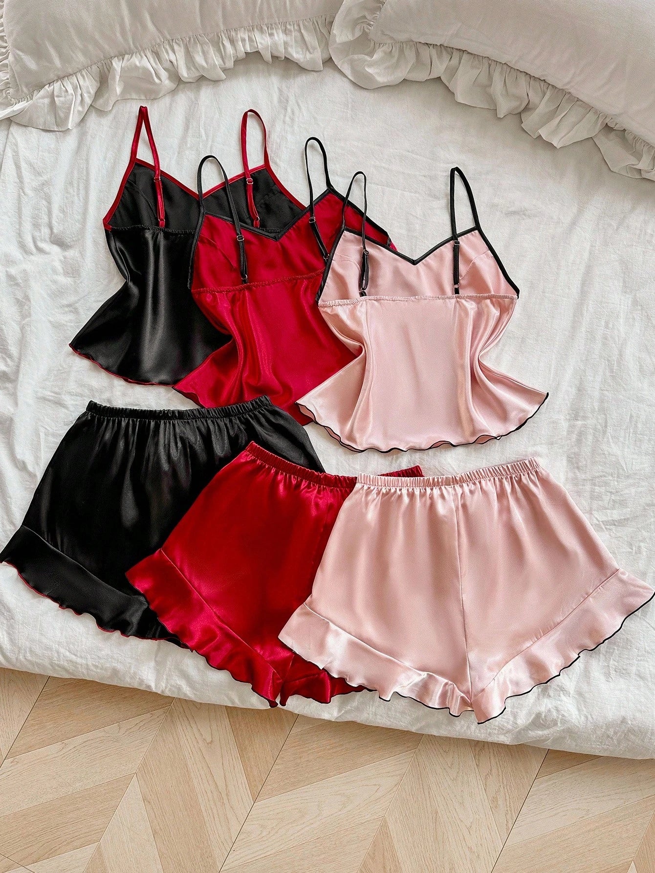 3pcs Contrast Color Ruffle Trim Faux Silk Pajama Set